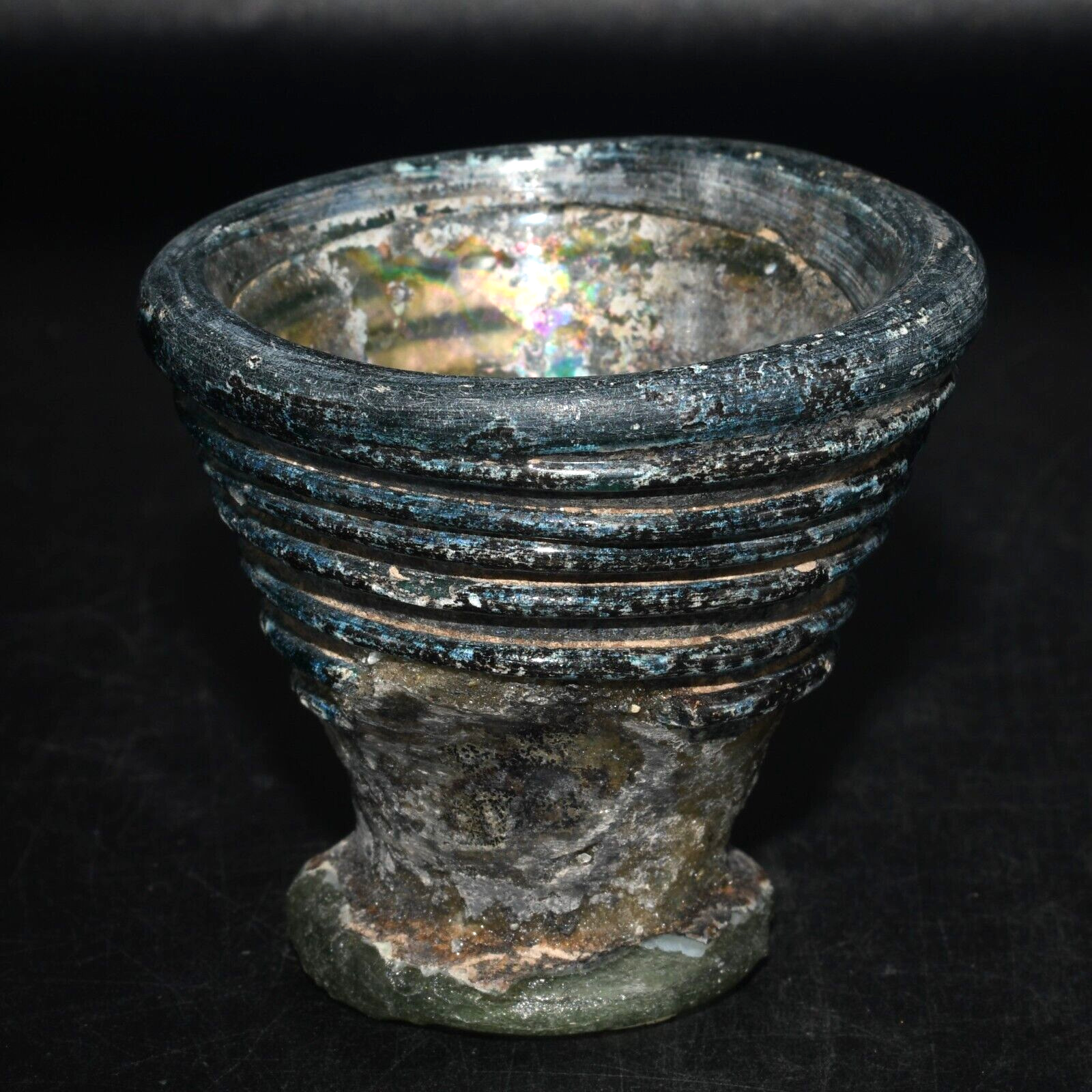 Genuine Iridescent Roman Glass Cup with Trailed Decoration C. 1st-3rd Century AD