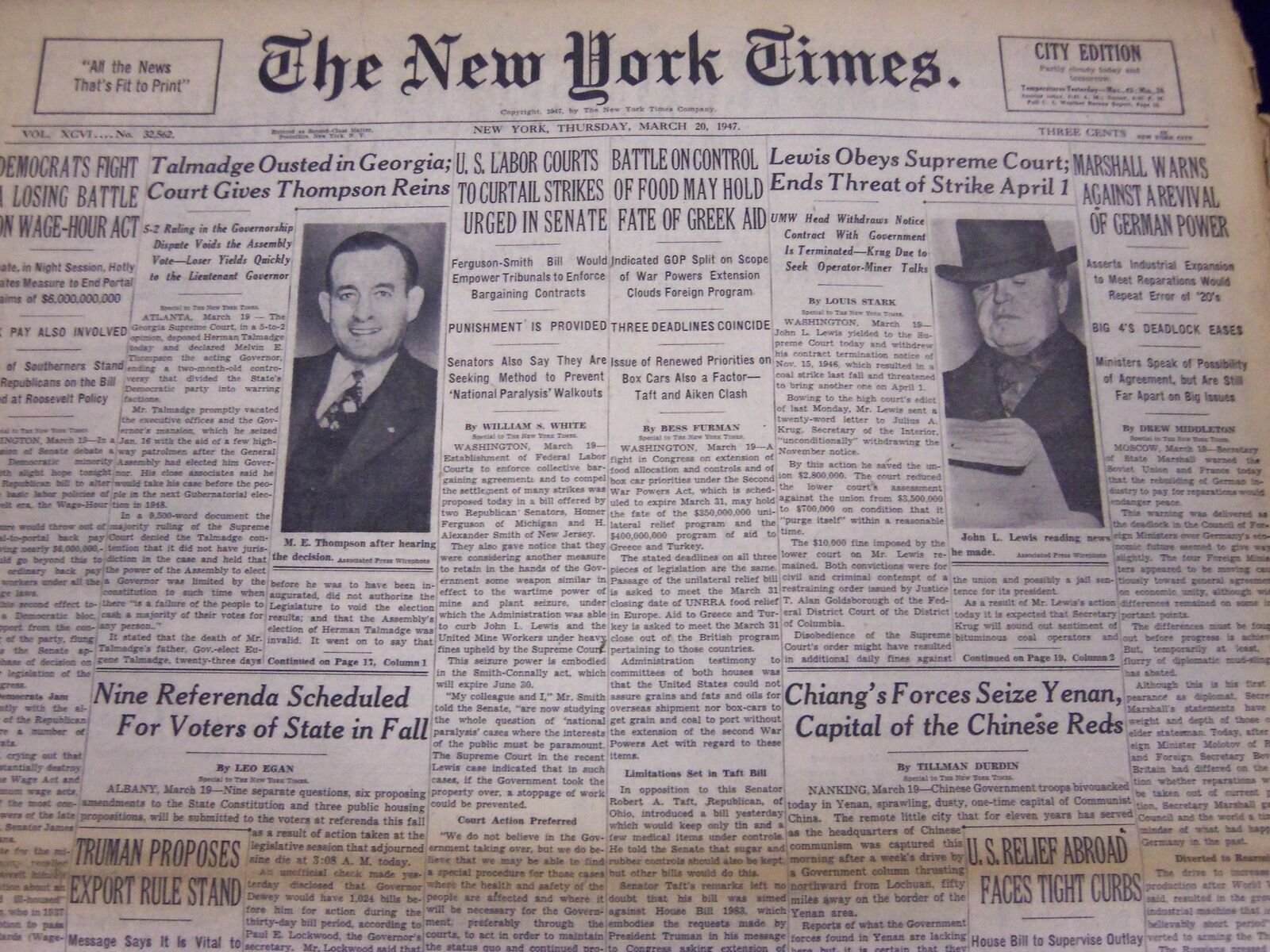 1947 MARCH 20 NEW YORK TIMES - LEWIS OBEYS SUPREME COURT ENDS THREAT - NT 91