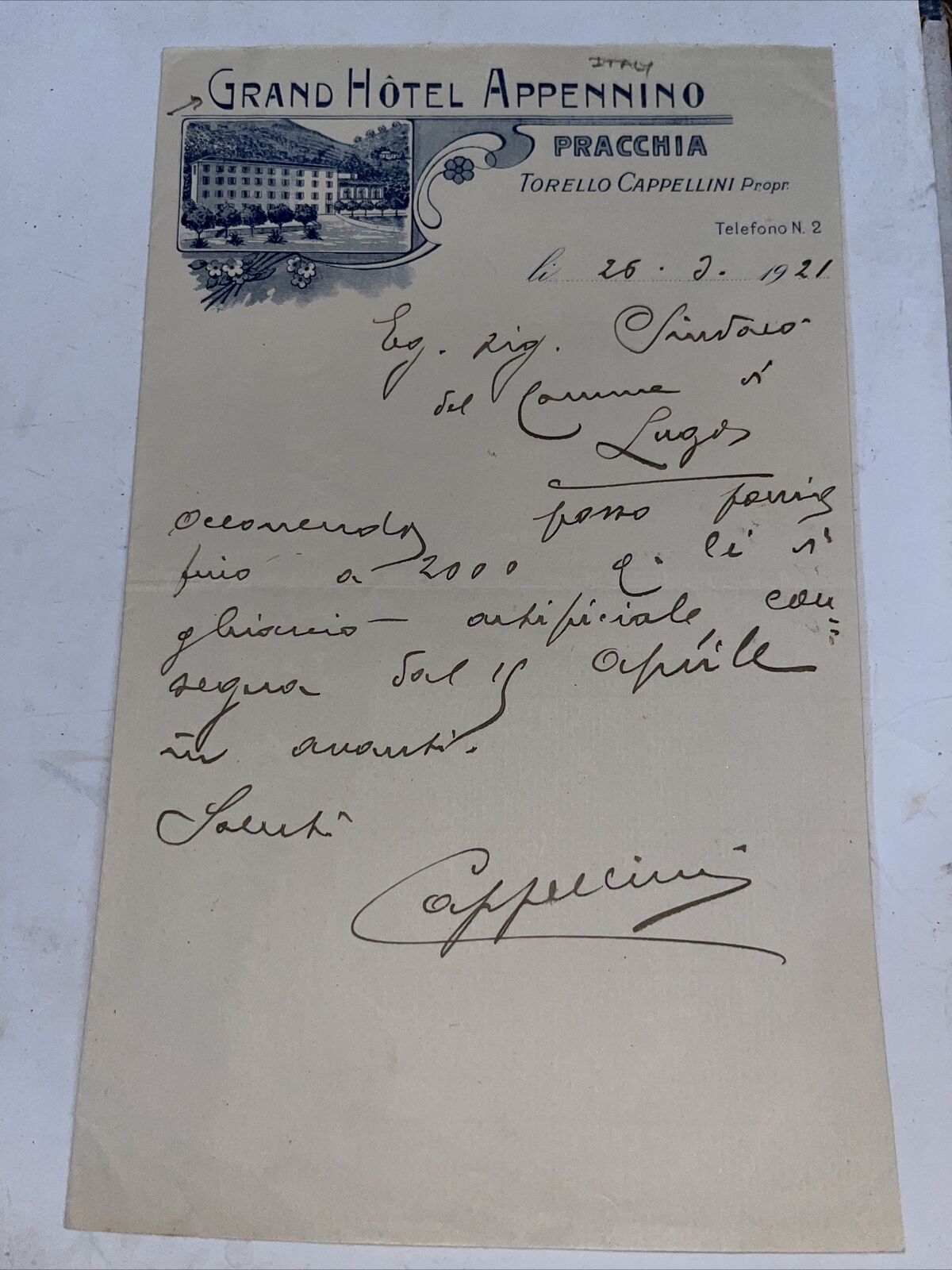 Antique 1921 Letter on Grand Hotel Appennino Letterhead - Pracchia Italy Italian