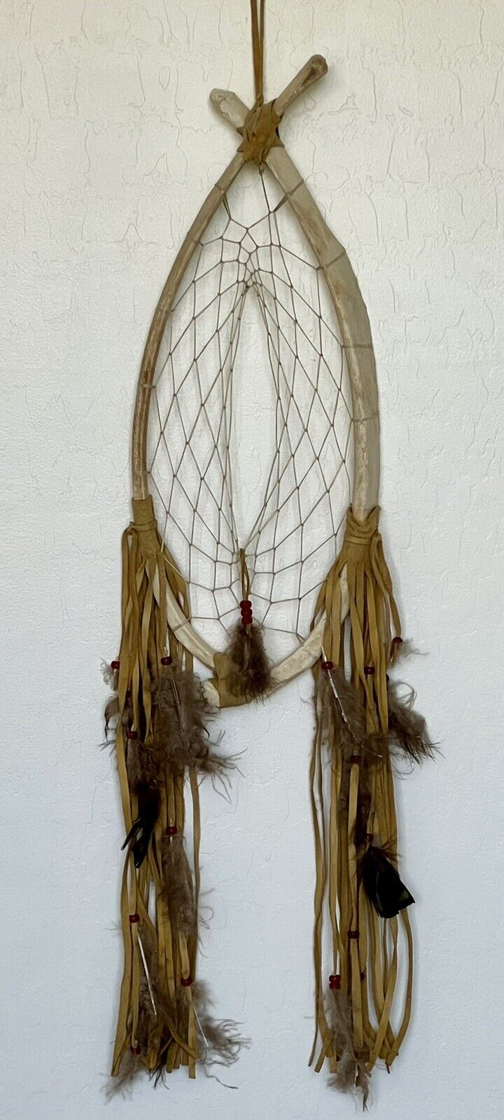 Native American Dream Catcher/Deer Rib Frame/Leather/Feathers/Red Beads/31”t