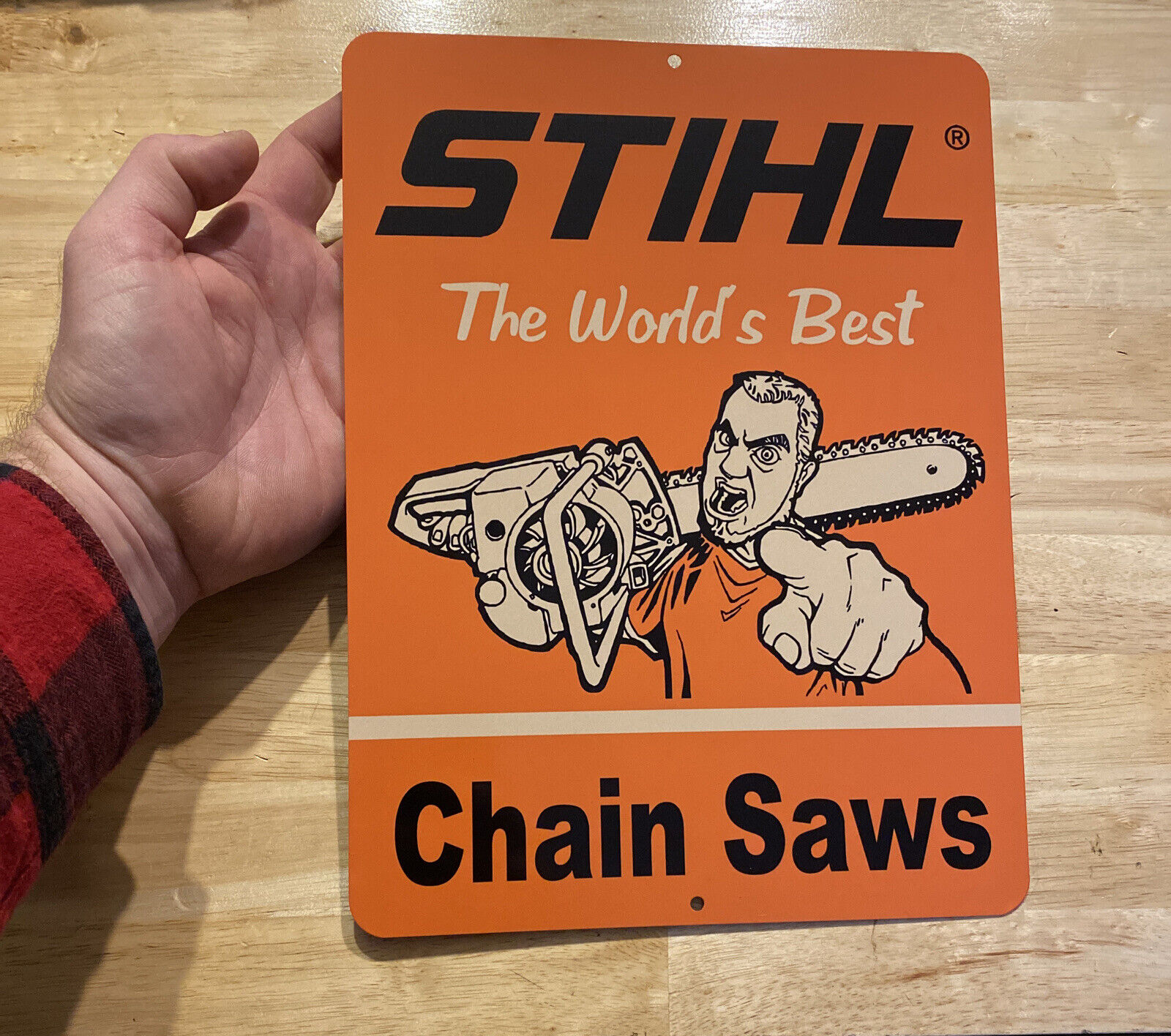 Stihl Chainsaw Sign LUMBERJACK Stainless Paul Bunyan Collector Axe BLEMISH