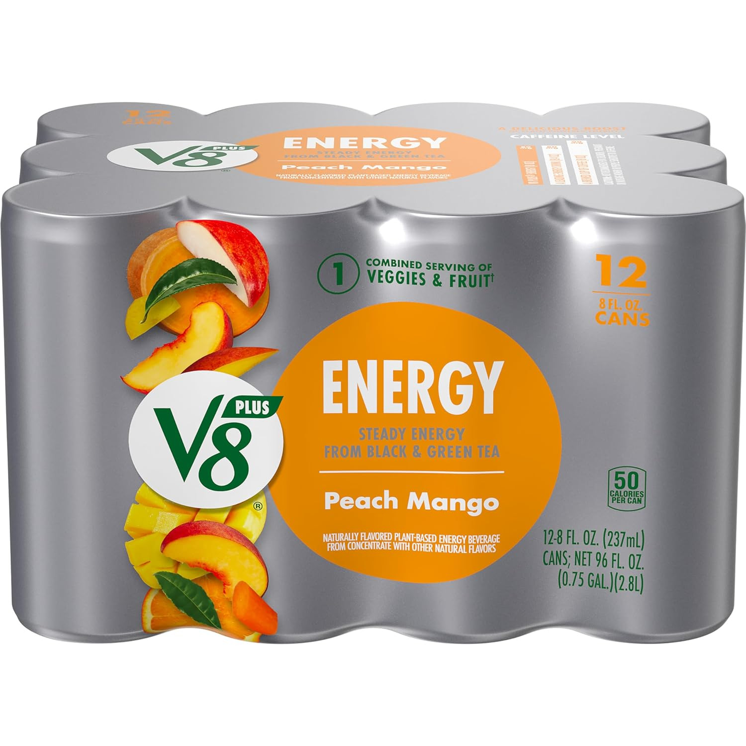 V8 Plus ENERGY Peach Mango, Energy Drink, 8 fl oz, 12 Pack; Fast 