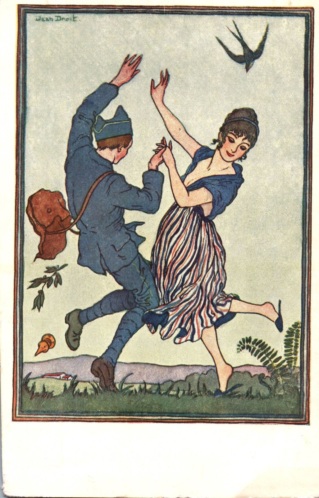 VINTAGE POSTCARD SIGNED ART WW I FRENCH SOLDIER AND MAIDEN IN IDYLLIC DANCE