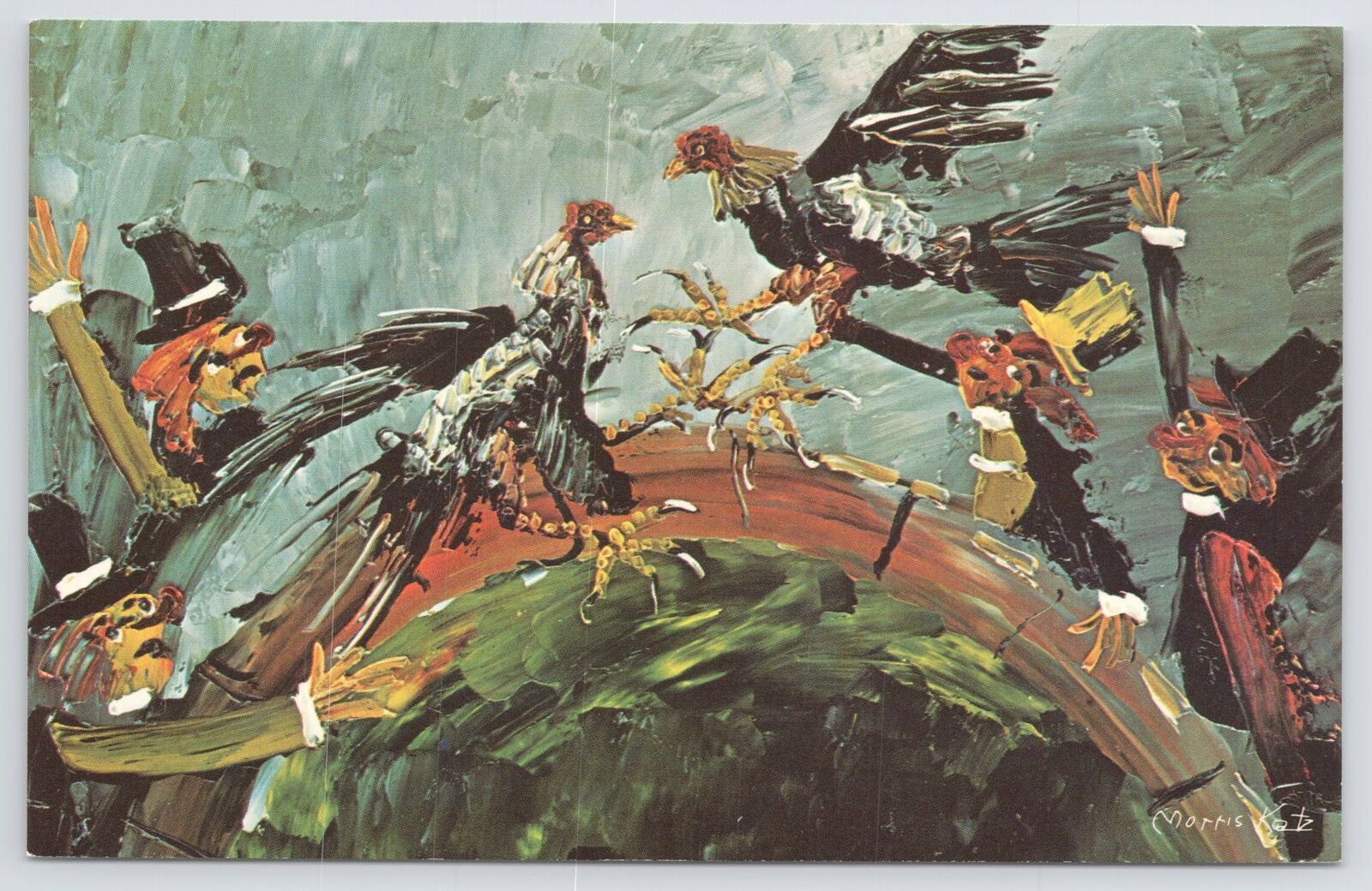 Morris Katz~San Juan~Puerto Rico~Cock Fight~Flock Of Birds~Crazy Painting~Vtg PC