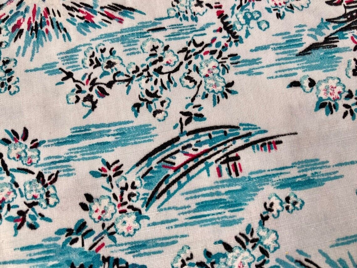 VTG Turquoise Asian Print Fabric 2 Yd Cotton Aqua Pagoda Bridge Scenic Toile