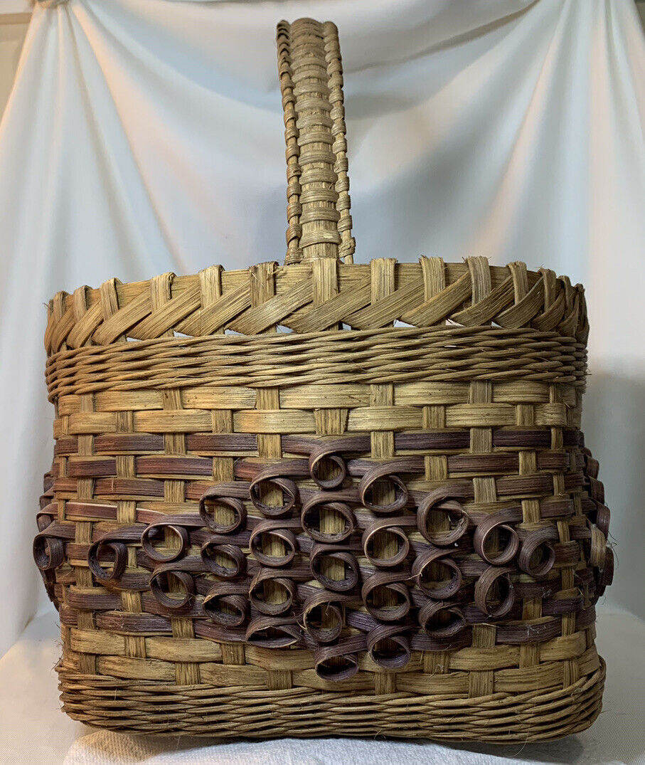 Antique Woven Splint Market Basket Fancy Wrap Handle Dyed Porcupine Curl Design