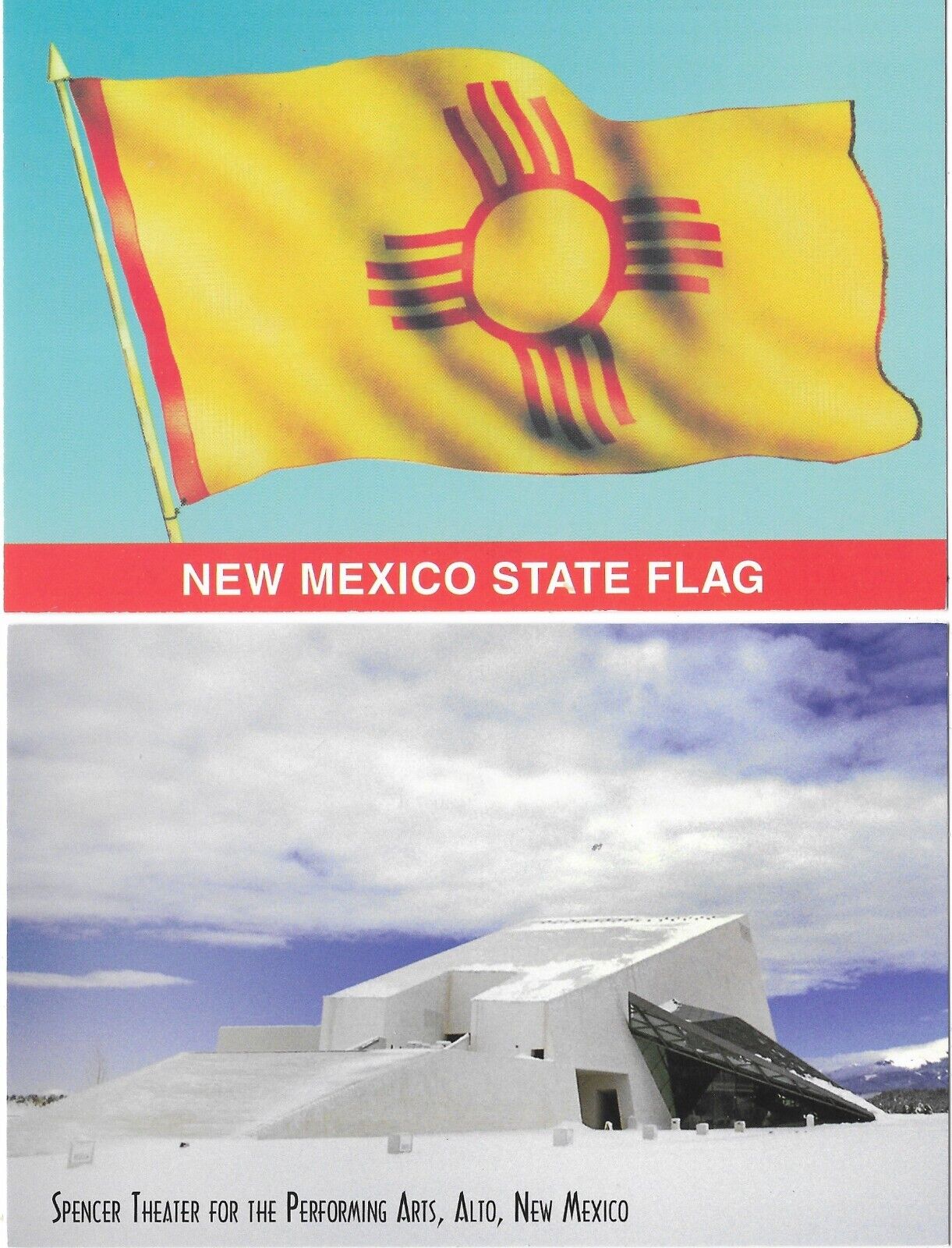 2 Continental Size Postcards New Mexico Flag & Performing Arts Center