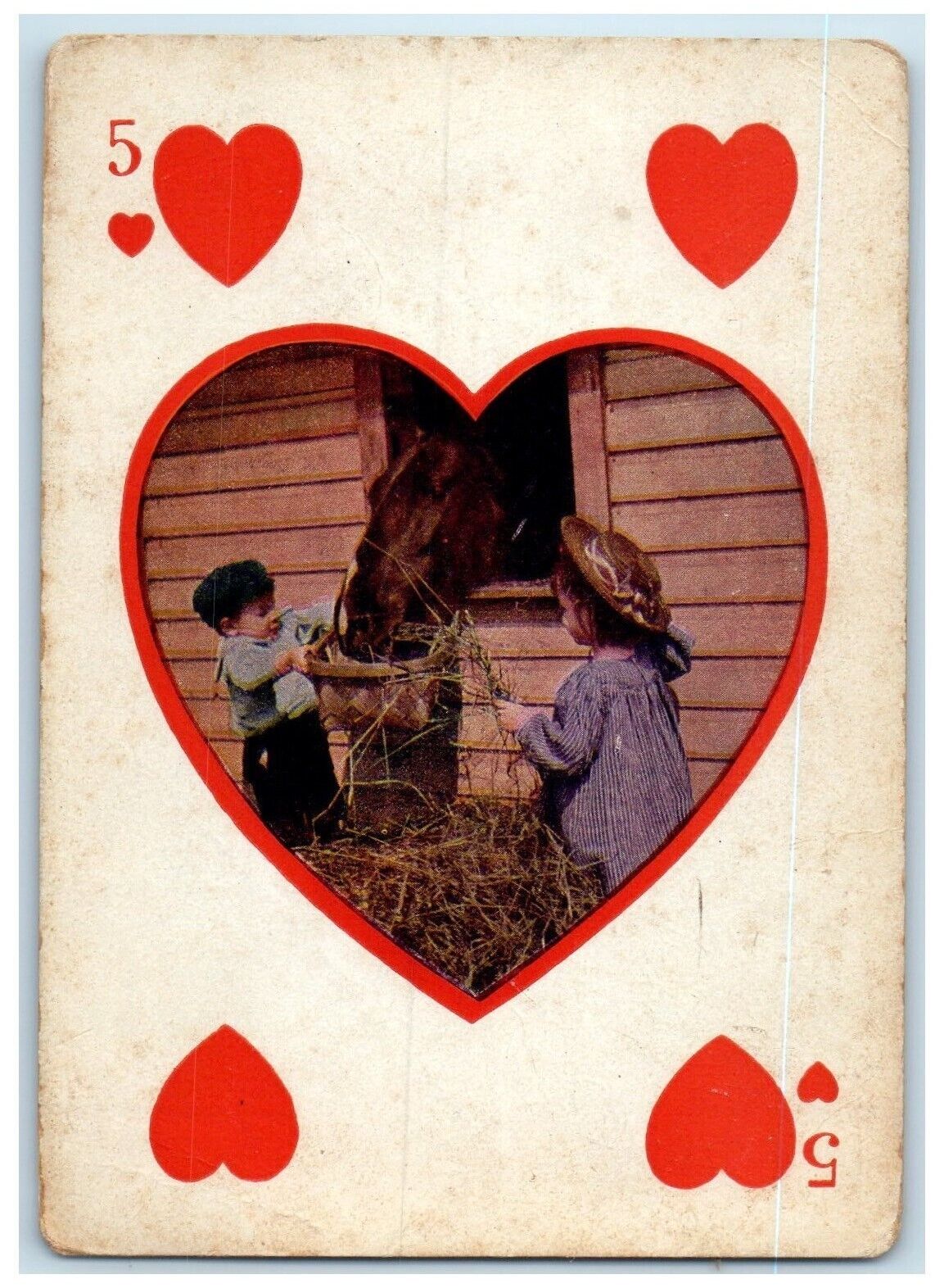 c1910\'s Children Feeding Horse Playing Card Five Of Hearts Antique Postcard