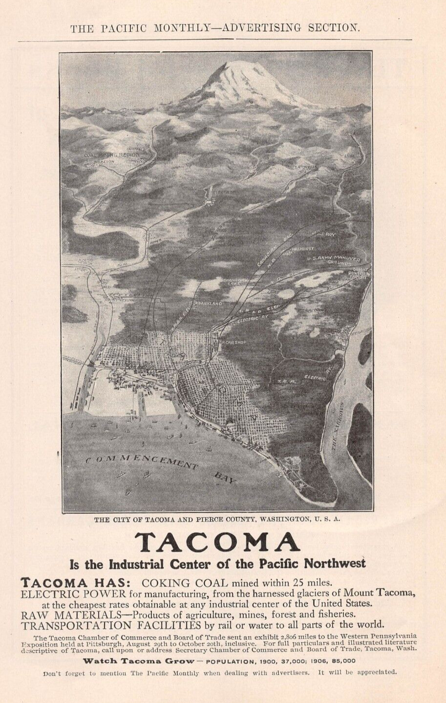antique 1906 birdseye view TACOMA WA Pierce County Washington Commencement Bay