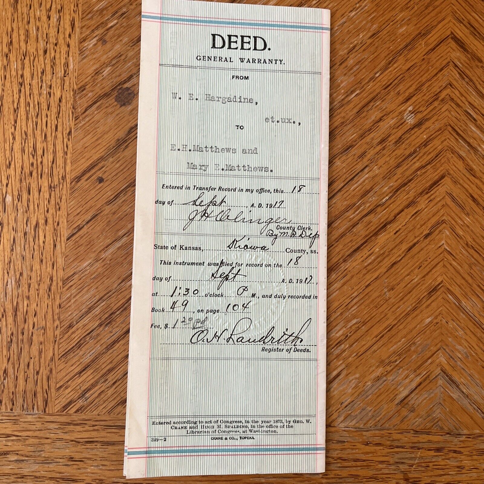 1917 Deed General Warranty Kiowa County