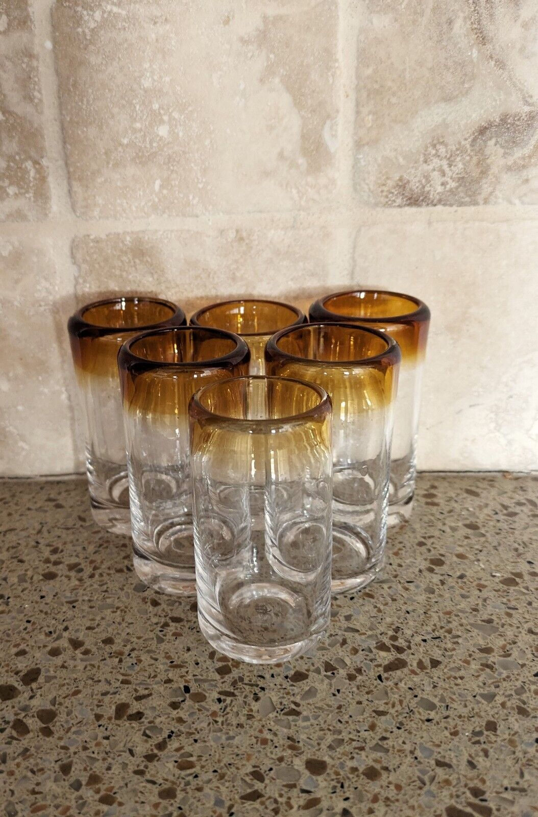Six Handblown Mexican Shot Glasses with Amber Rims