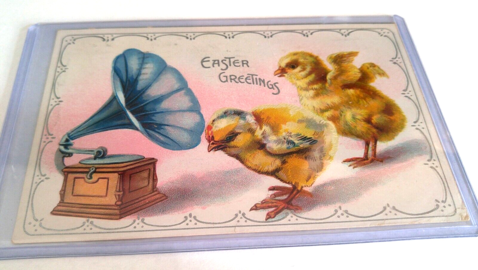 Outside Horn Phonograph Embossed  w/ Chicks EASTER TUCKS Postcard 1910