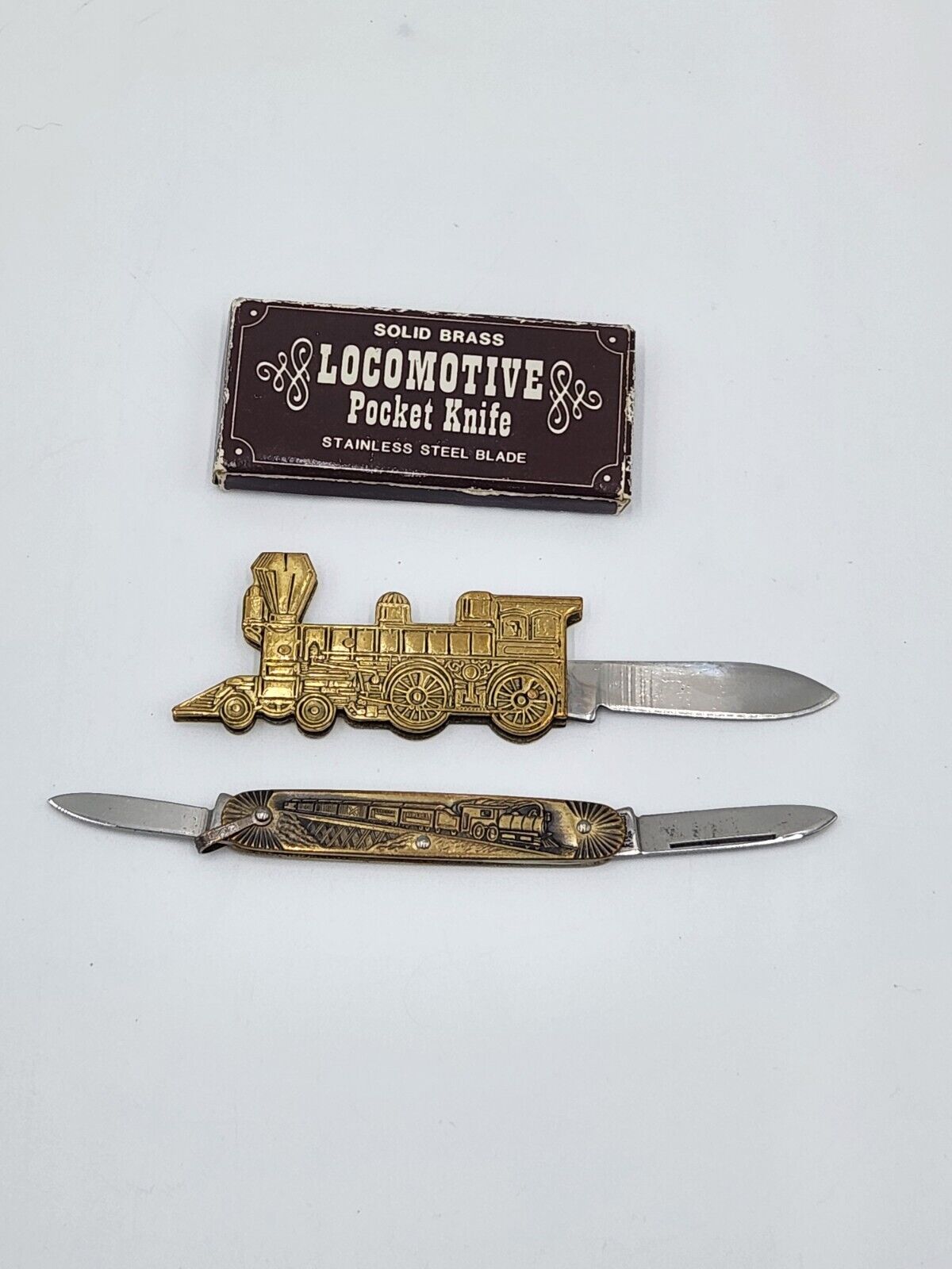 Locomotive Train Folding Pocket Knifes Brass Stainless Lot Of 2