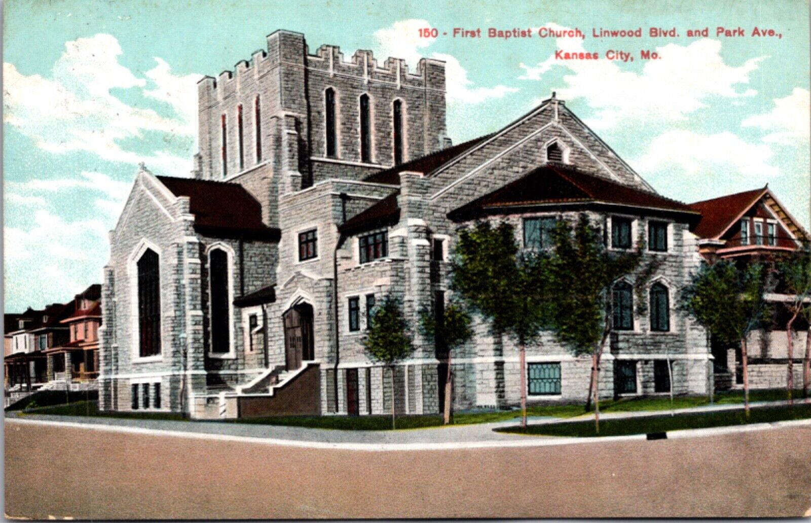 Postcard First Baptist Church Linwood Blvd and Park Ave in Kansas City, Missouri