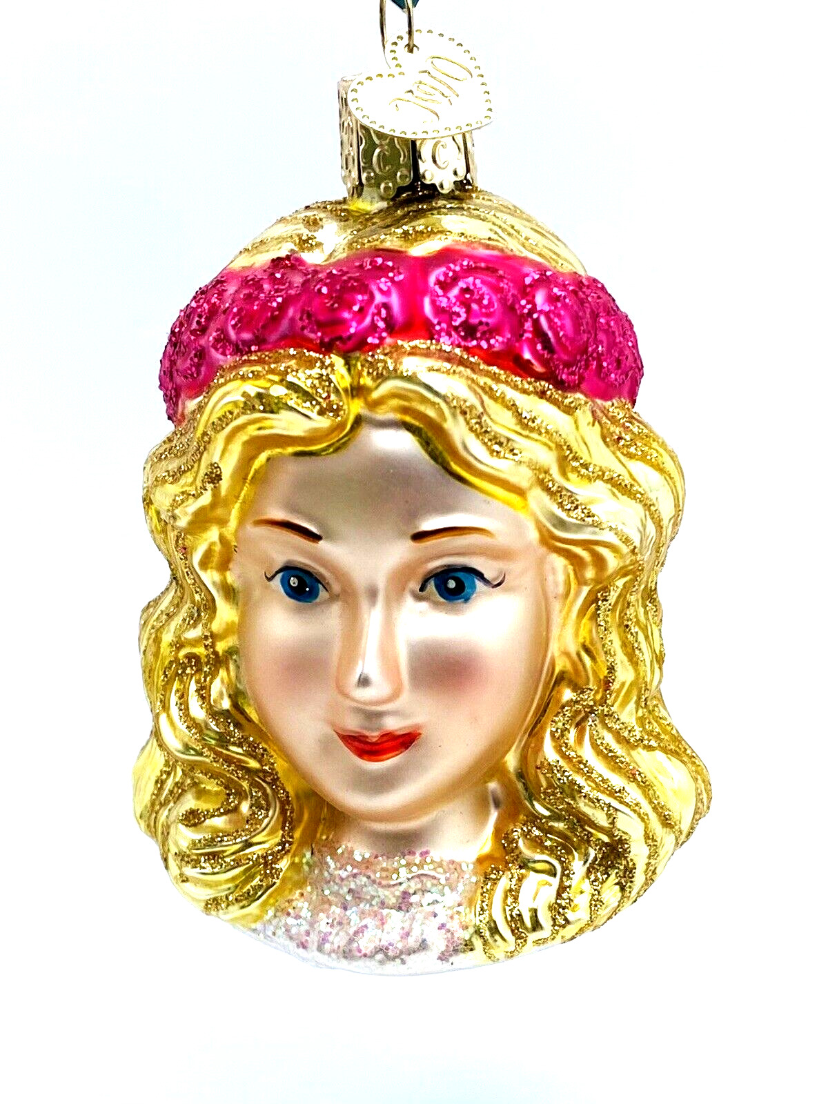 Old World Christmas Angel Head Christmas Ornament Blown Glass Gold Pink 3\