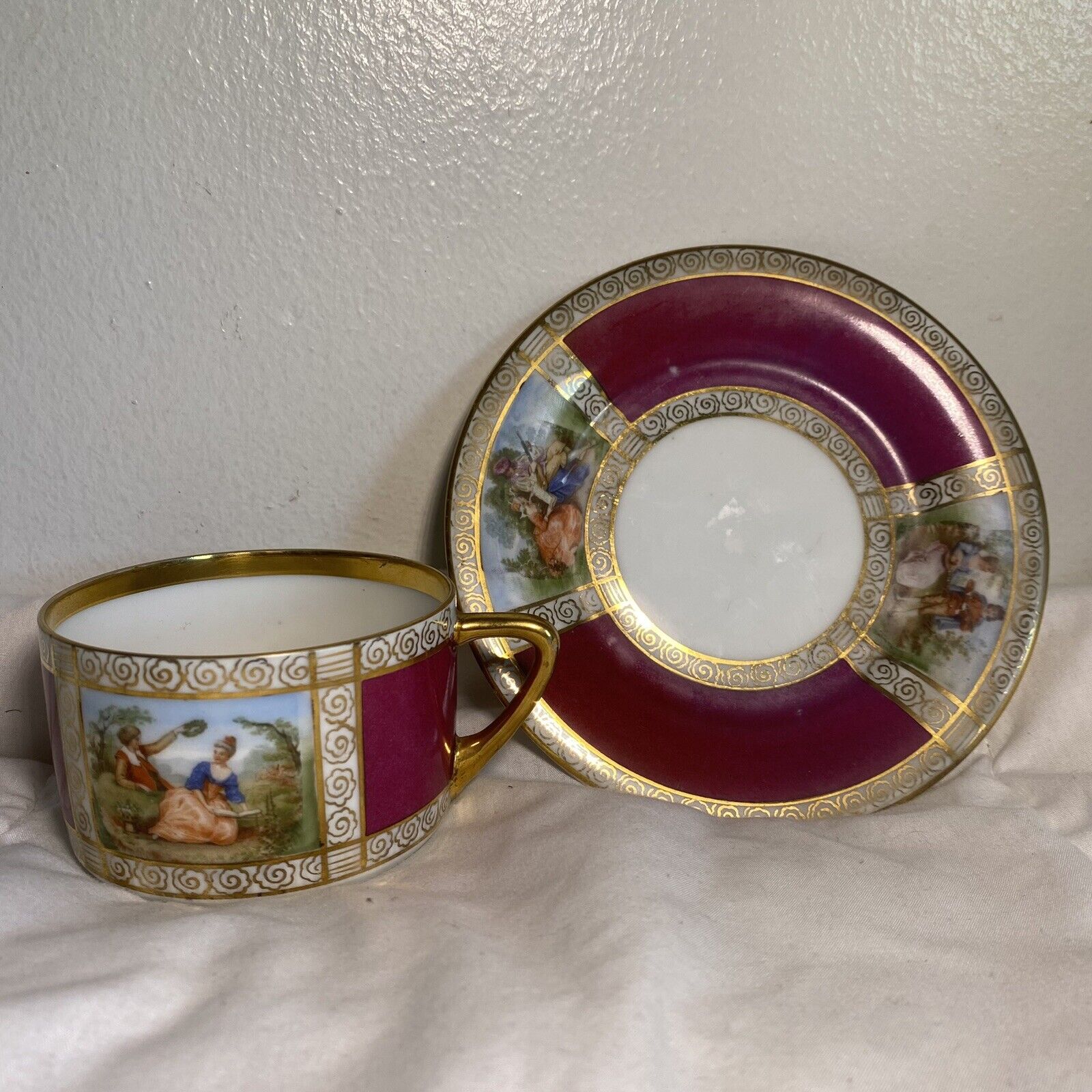Antique Karlsbad Hermann Holzner Courting Couple PORCELAIN Cup with Saucer