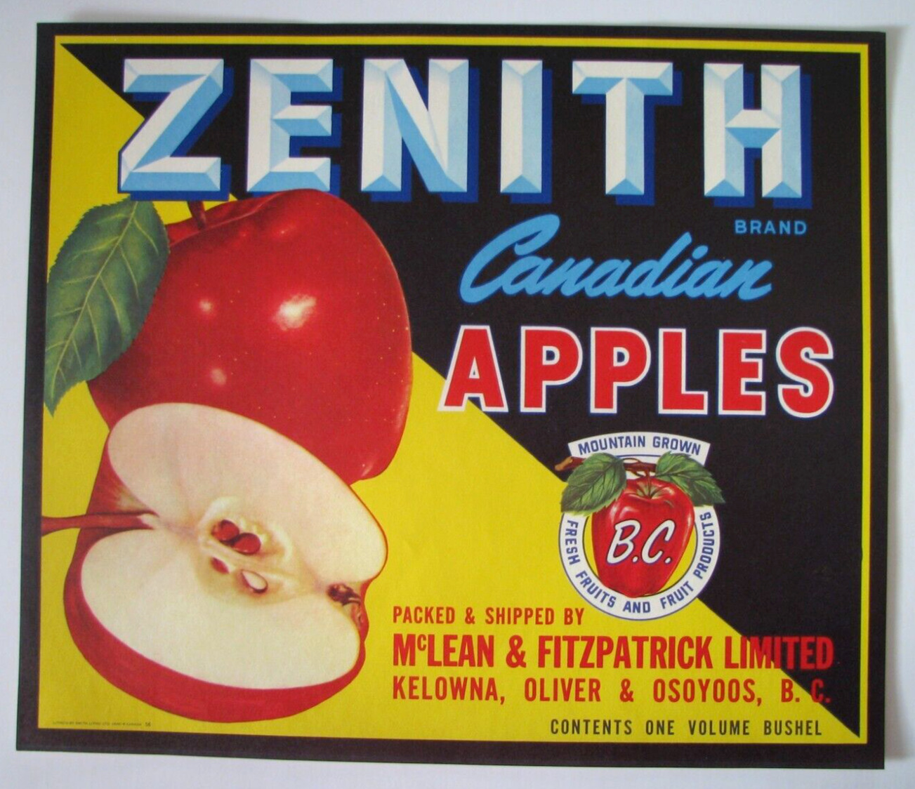 Original ZENITH apple crate label Kelowna, Oliver, Osoyoos, British Columbia