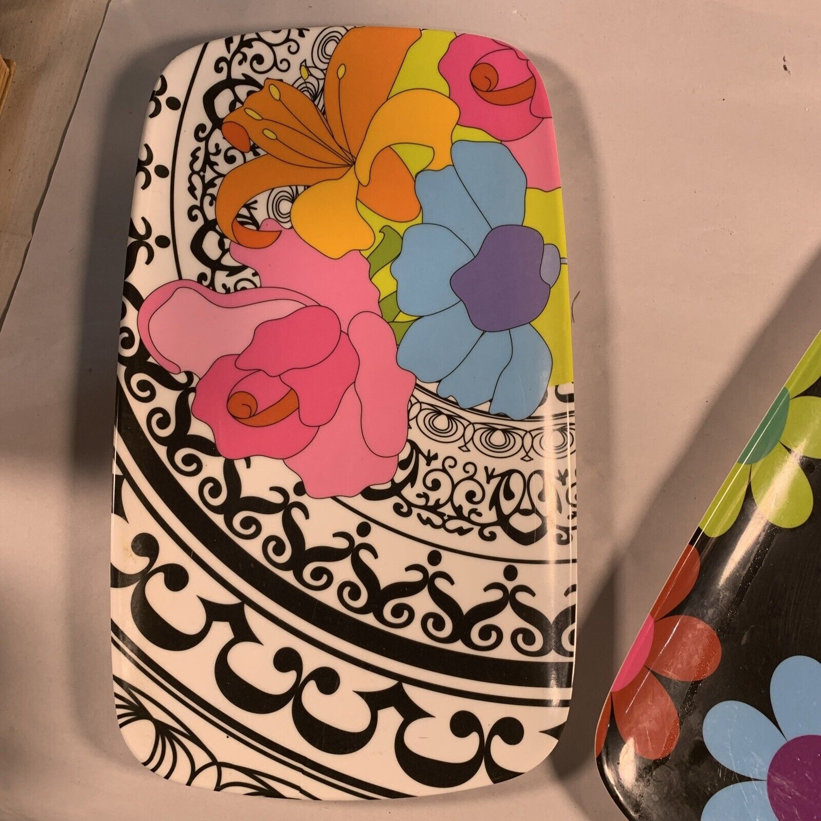 Jackie Shapiro French Bull Floral Serving Platter Glazed Melamine Rectangle Tray