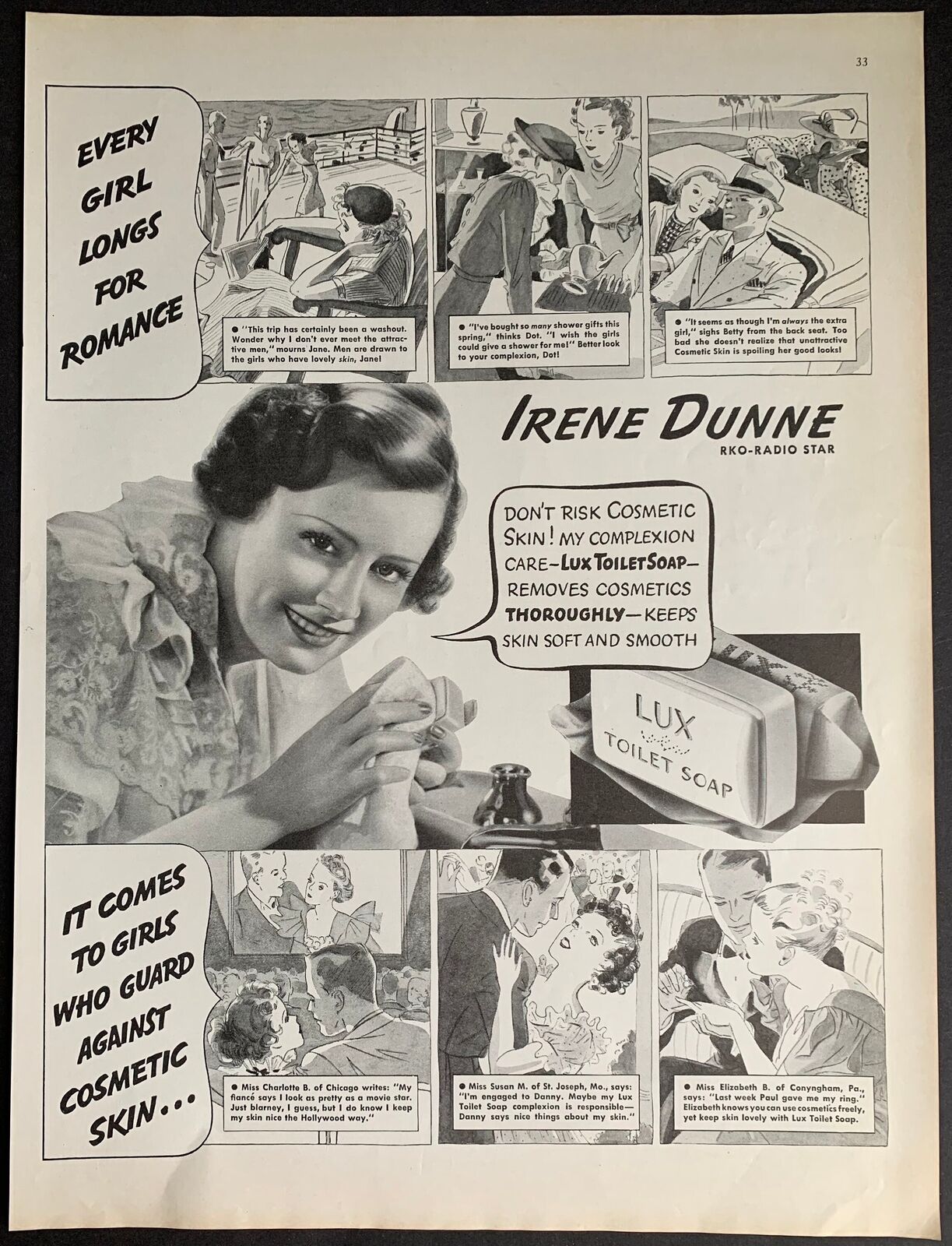 Vintage 1936 Lux Soap, Irene Dunne Print Ad