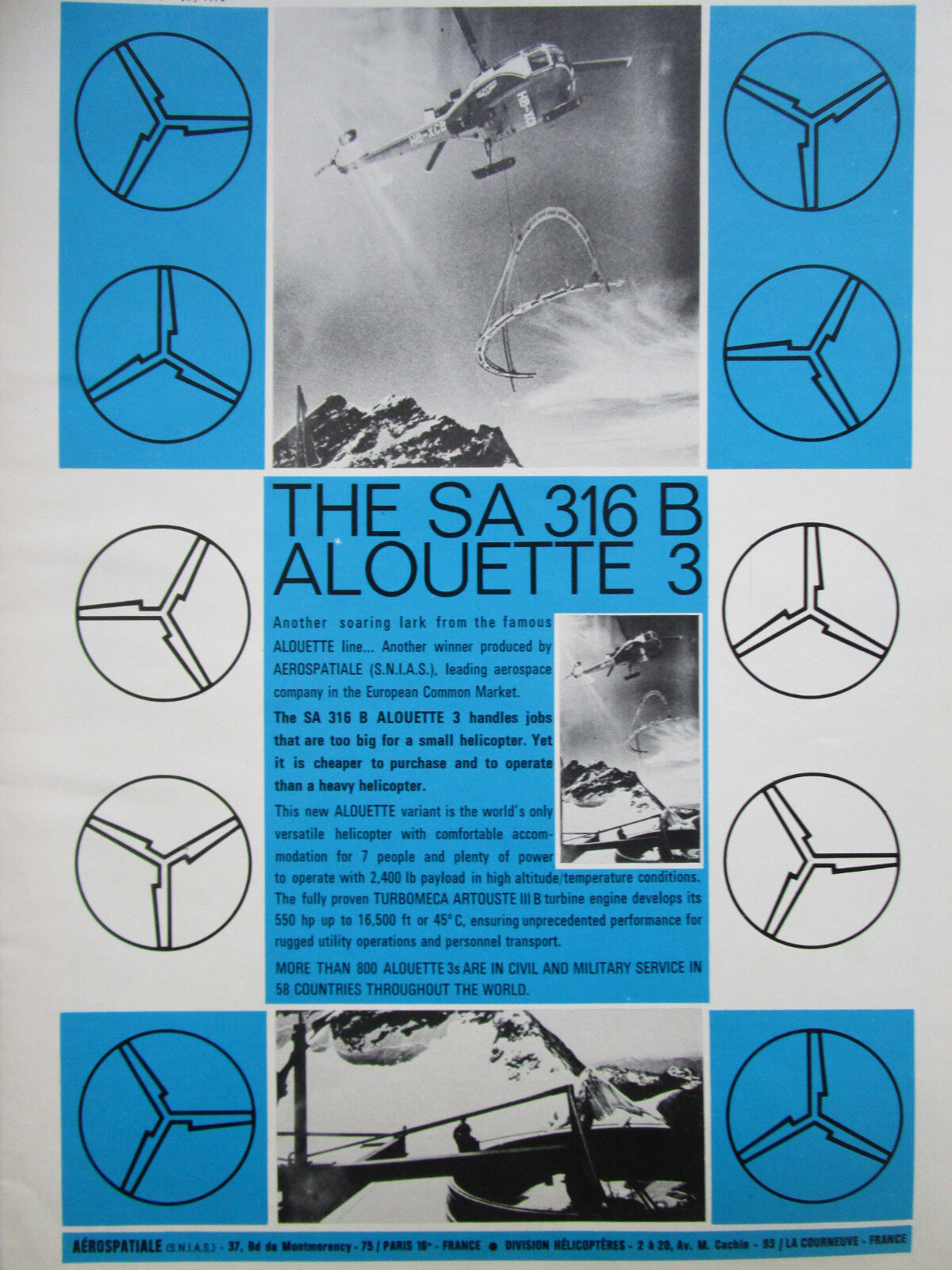 7/1970 PUB AEROSPATIALE SA 316 B ALOUETTE 3 HELICOPTER AERIAL WORK AD