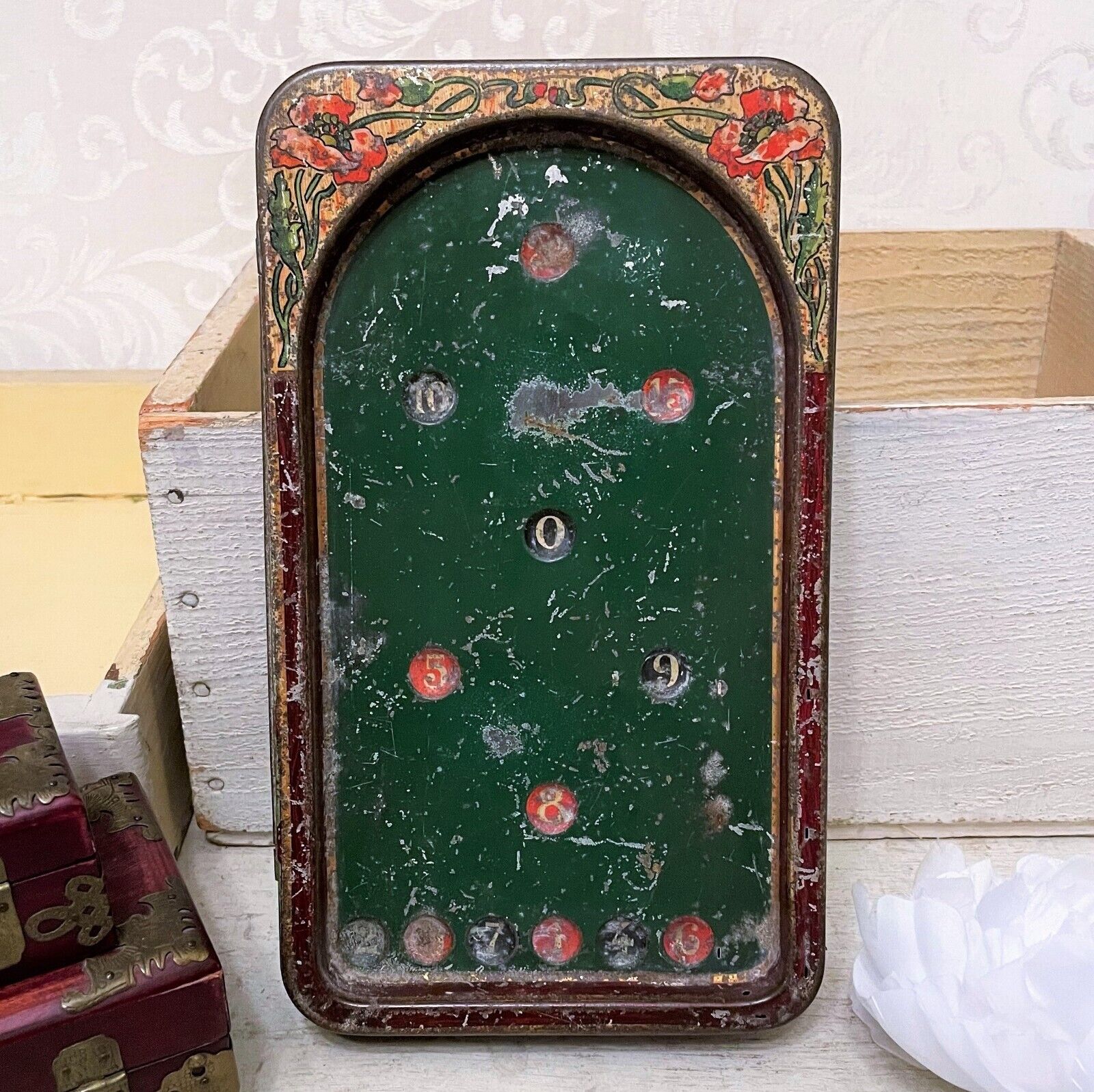 Rare Olibet French Antique Biscuit Tin Bagatelle c 1904 Pinball SHABBY Vintage