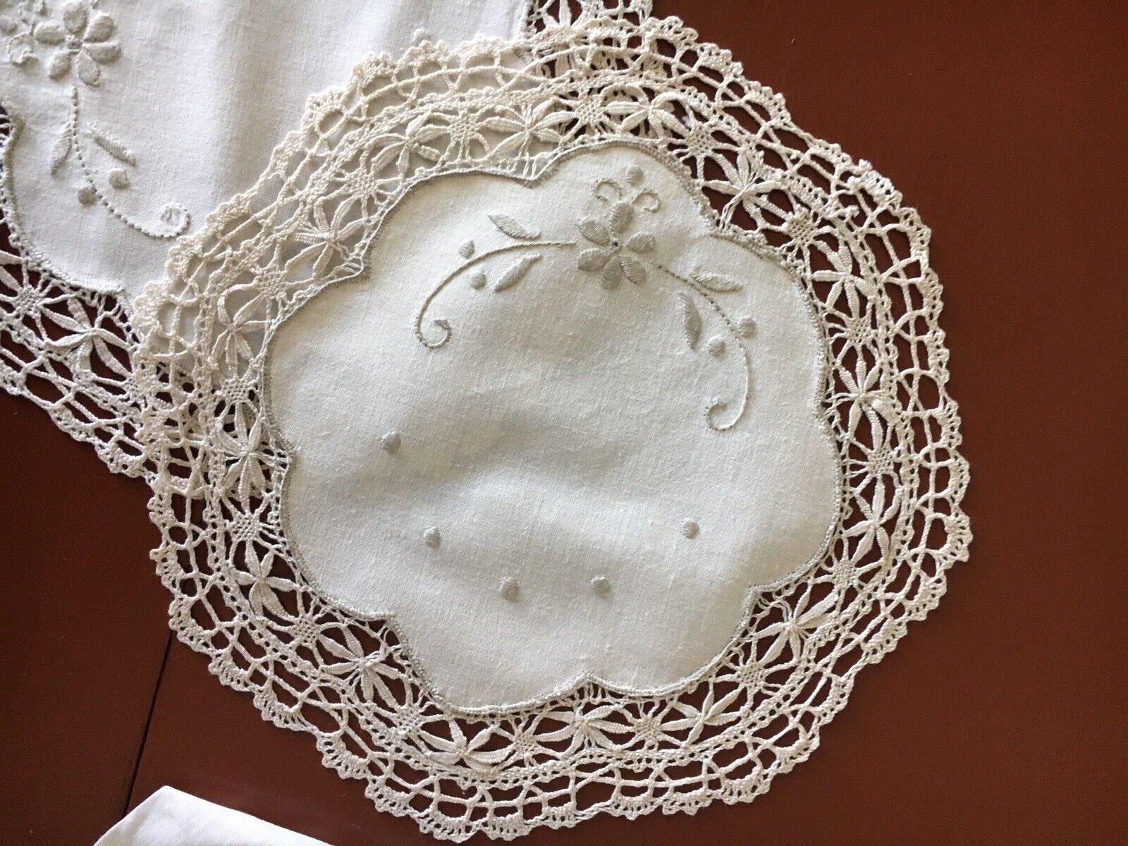 vintage doilies embroidered & Maybe Chemical Lace Taupe 9” lot 2 Very Nice