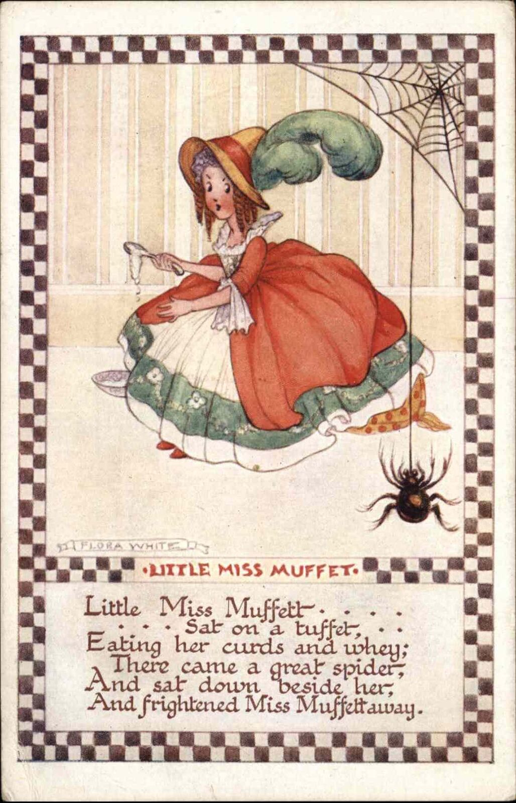 Flora White Little Miss Muffet Nursery Rhyme Spider c1910 Vintage Postcard
