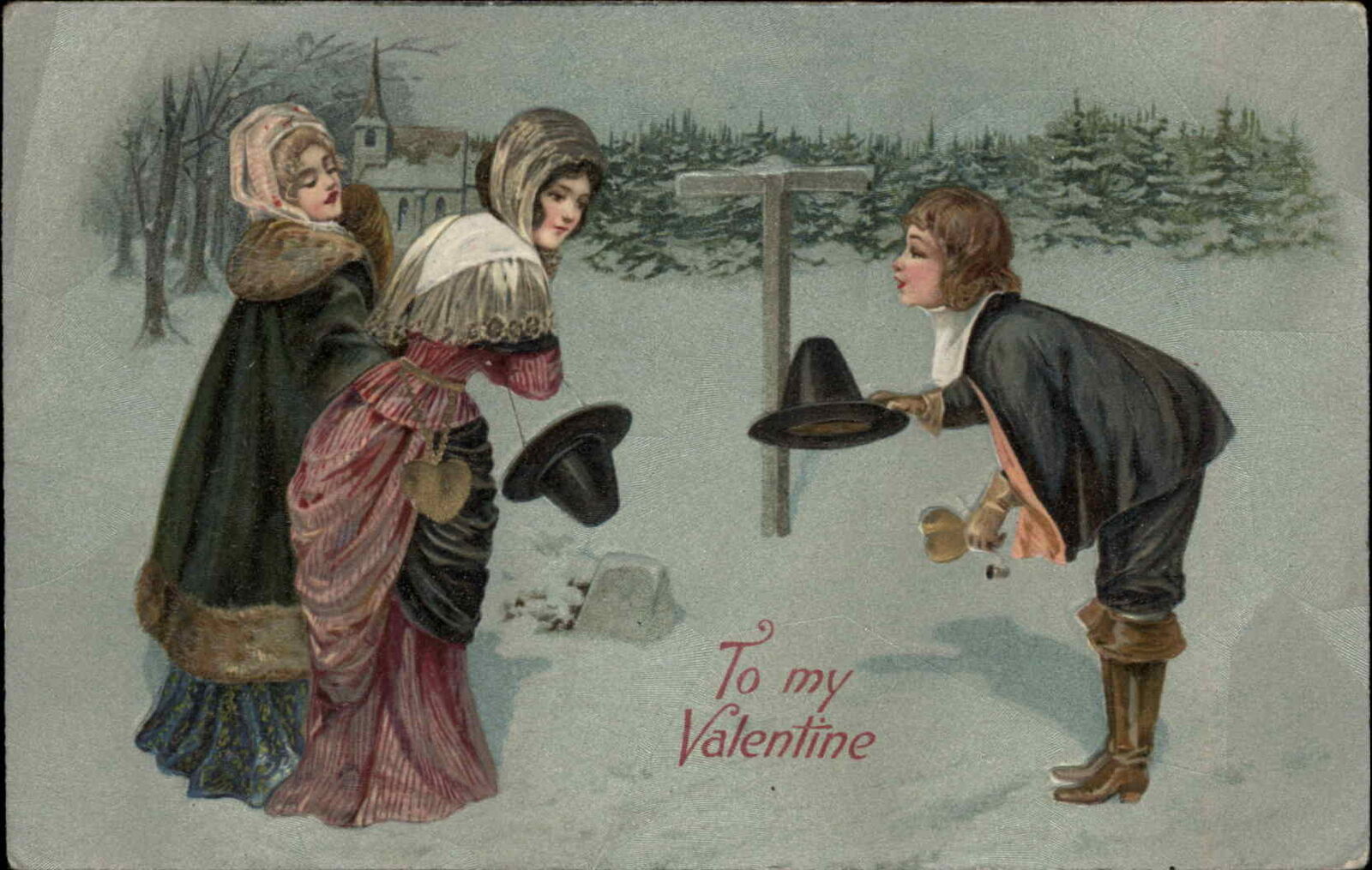 Winsch Valentine Pilgrim Boy Bows to Girls Textured Background c1910 Postcard