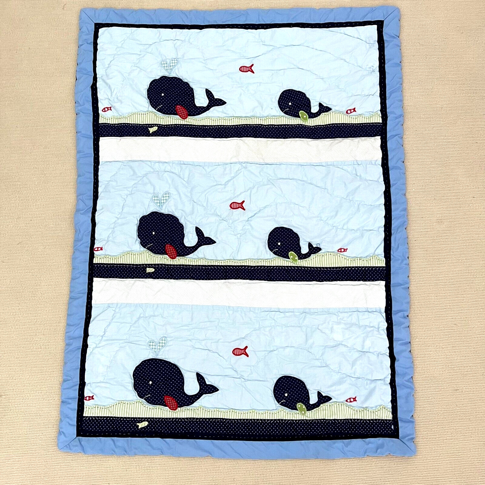Handmade Happy Whales Embroidered Hand Stitch Baby/Toddler Cotton Crib Quilt