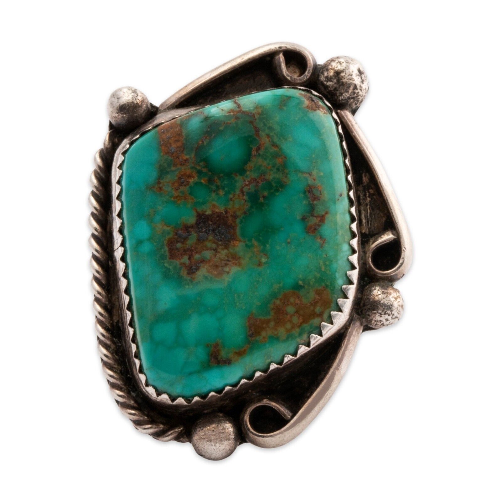 NATIVE AMERICAN STERLING SILVER GREEN TURQUOISE ROPE RAIN DROPS RING 7