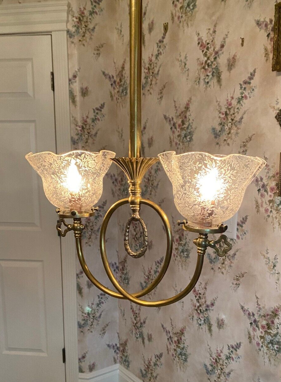 ANTIQUE TWO-ARMED BRASS HANGING LAMP / LIGHT/ CHANDELIER w/ CLEAR ETCHED SHADES