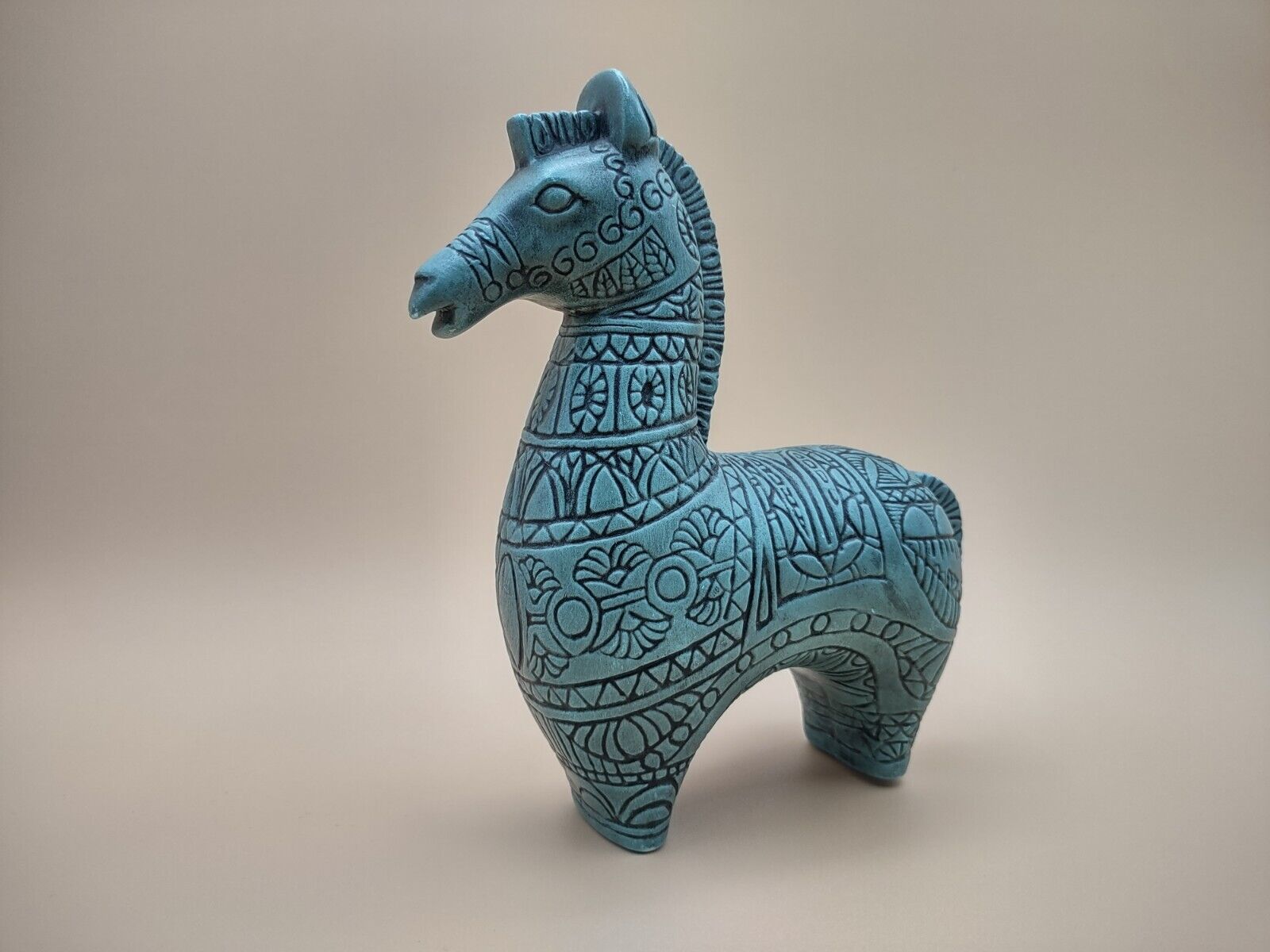 Mid Century Modern Bitossi Style Ceramic Trojan Horse Turquoise Blue MCM Signed