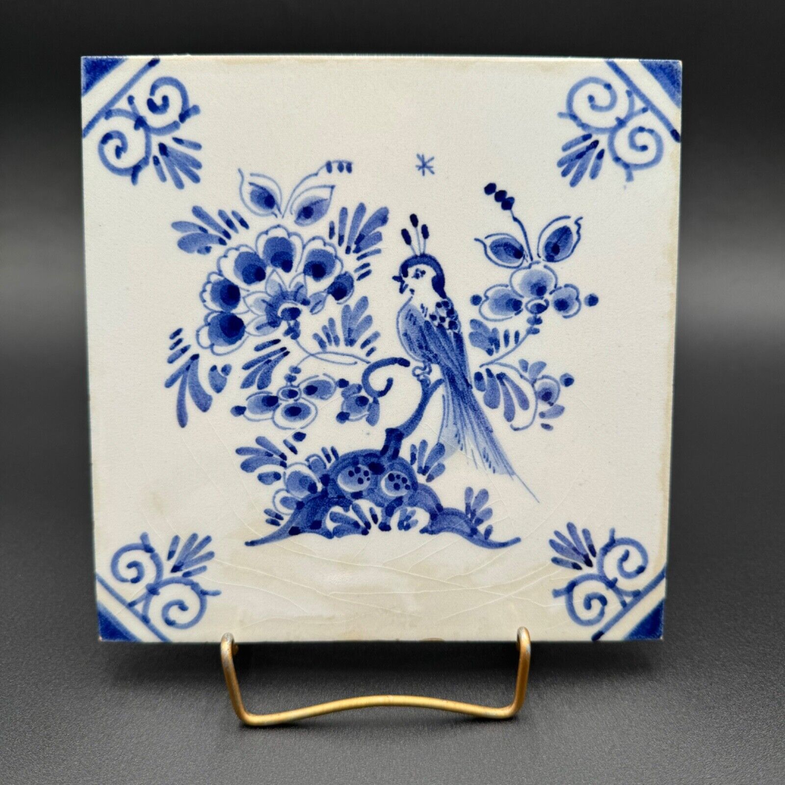 Vintage Delft Blue & White Tile Bird Flowering Plant 6\
