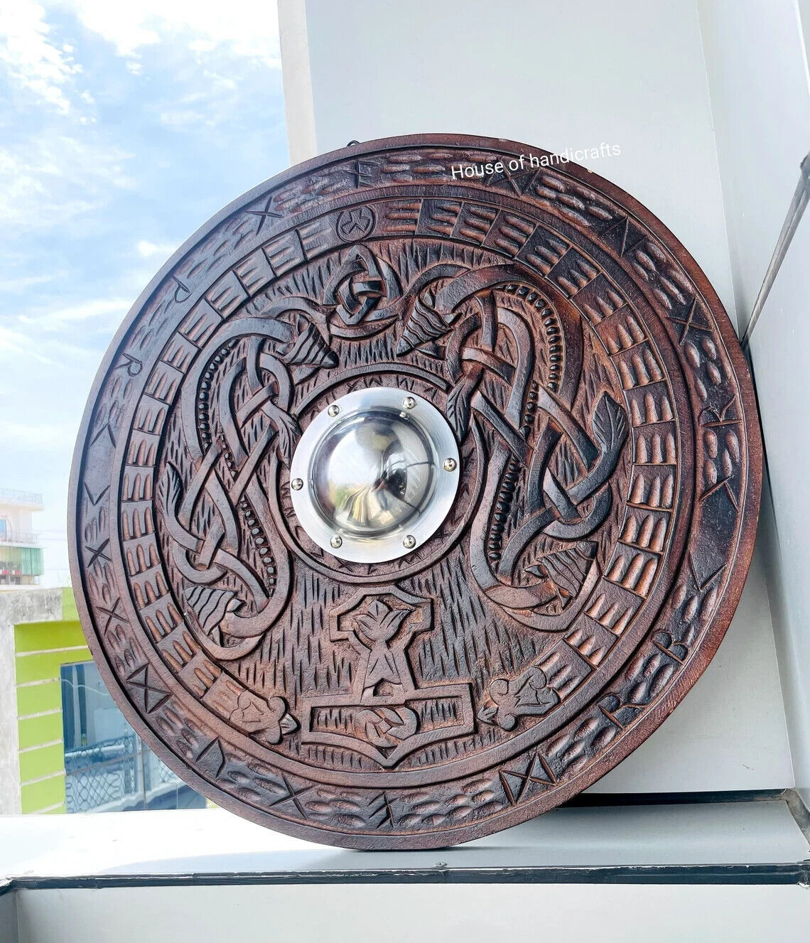 Handmade Viking Round Wooden Carving Shield Historical Reenactment Home Decor
