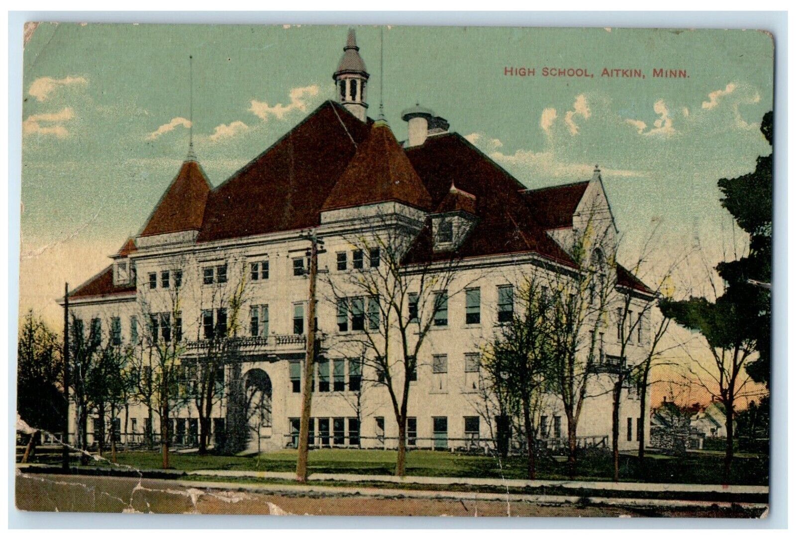 1910 High School Exterior Building Aitkin Minnesota MN Vintage Antique Postcard