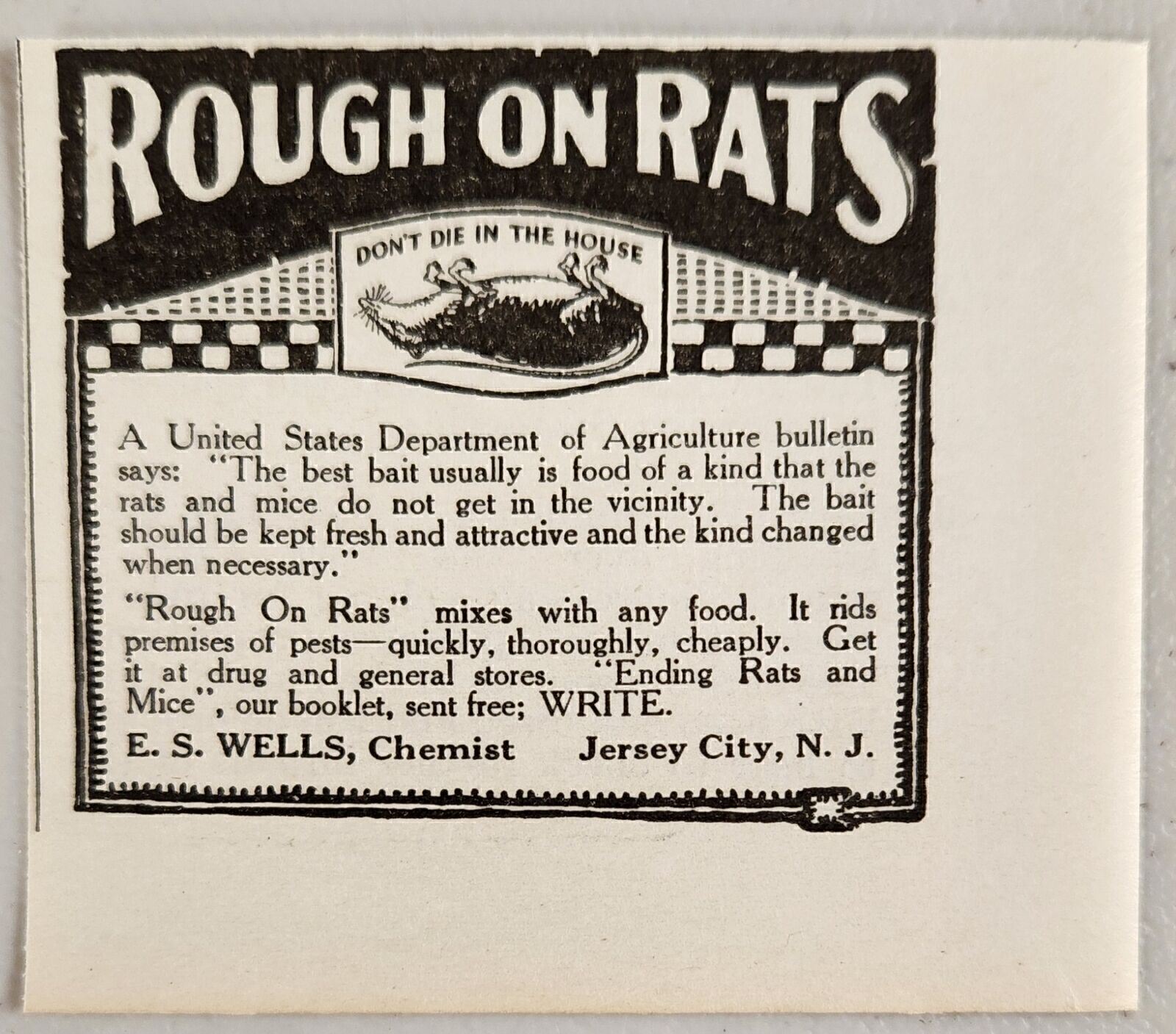 1920 Print Ad Advertisement Rough on Rats Rat Killer ES Wells Jersey City,NJ