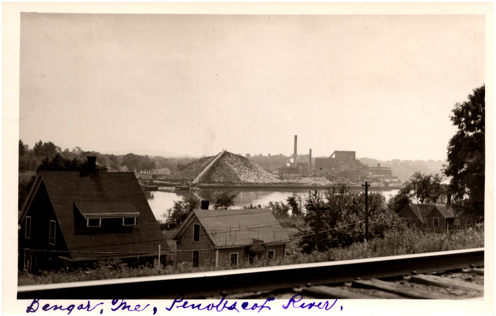 Eastern Corporation Paper Mill Penobscot River Bangor Maine 1940s RPPC Postcard
