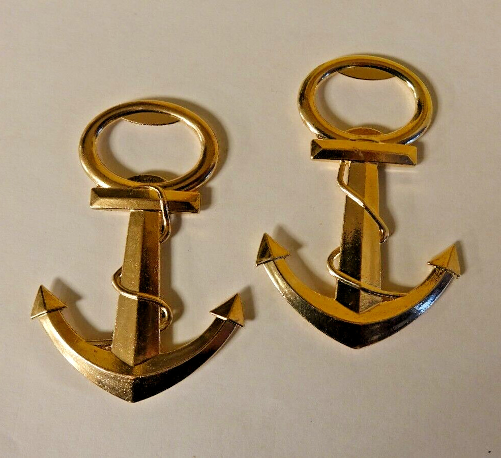 Set of 2 Anchor Shaped Bottle Openers Gold Tone Metal Nautical Ship Boating