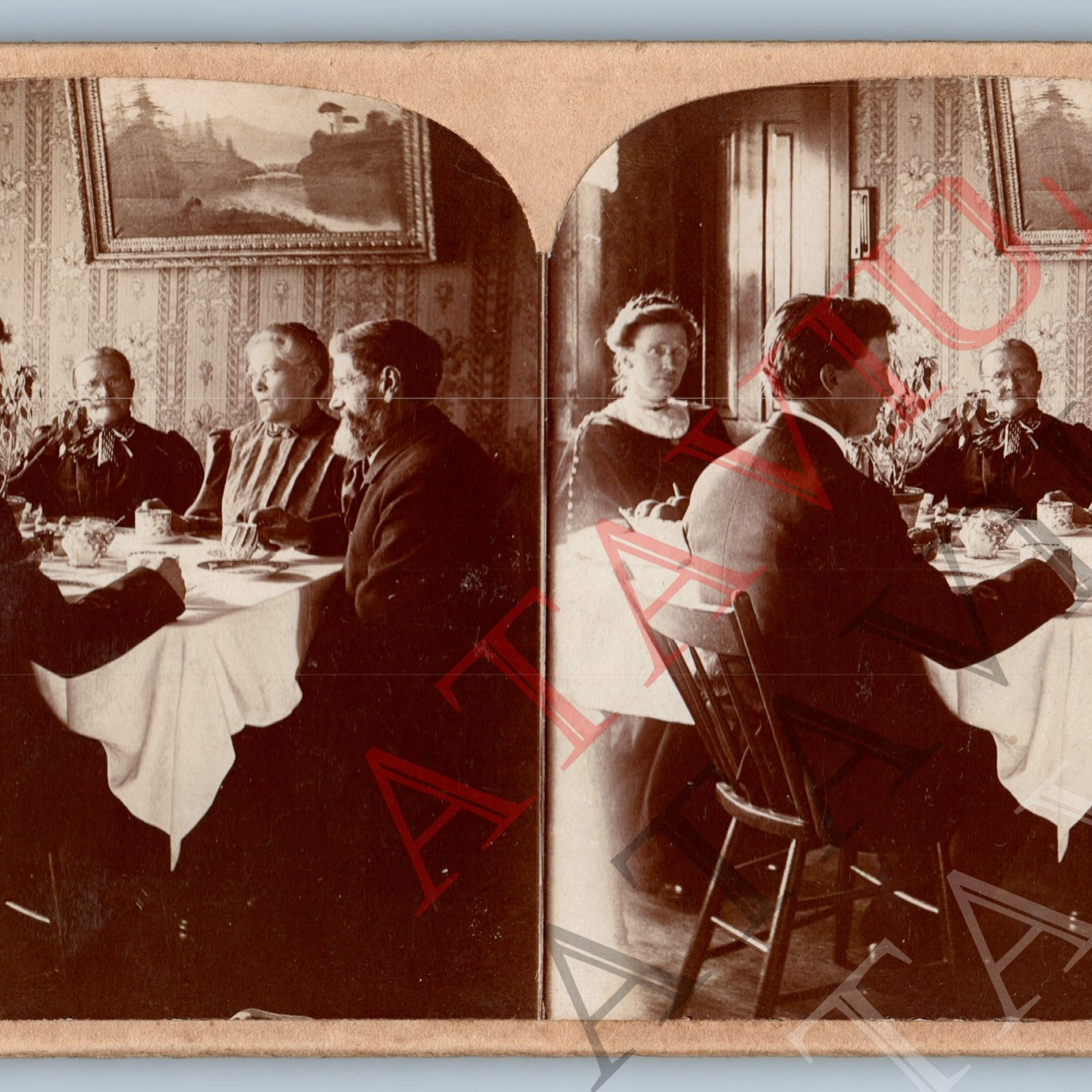 c1900s Generic Tea Time Family @ Dining Table Real Photo Stereoview Eldery V42