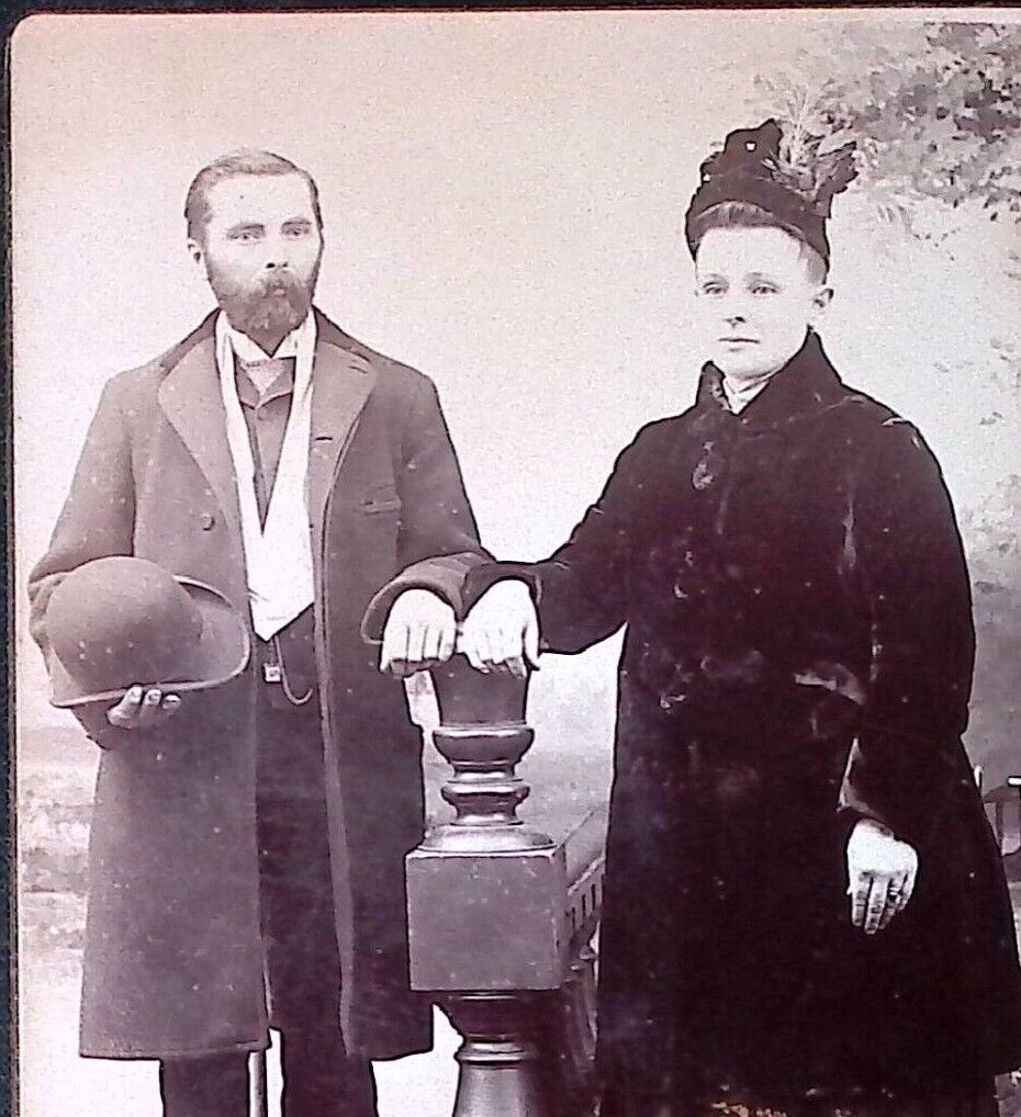 c1880s Cabinet Card Lewiston ME Couple Woman W Winter Hat Man Visible Stand A116