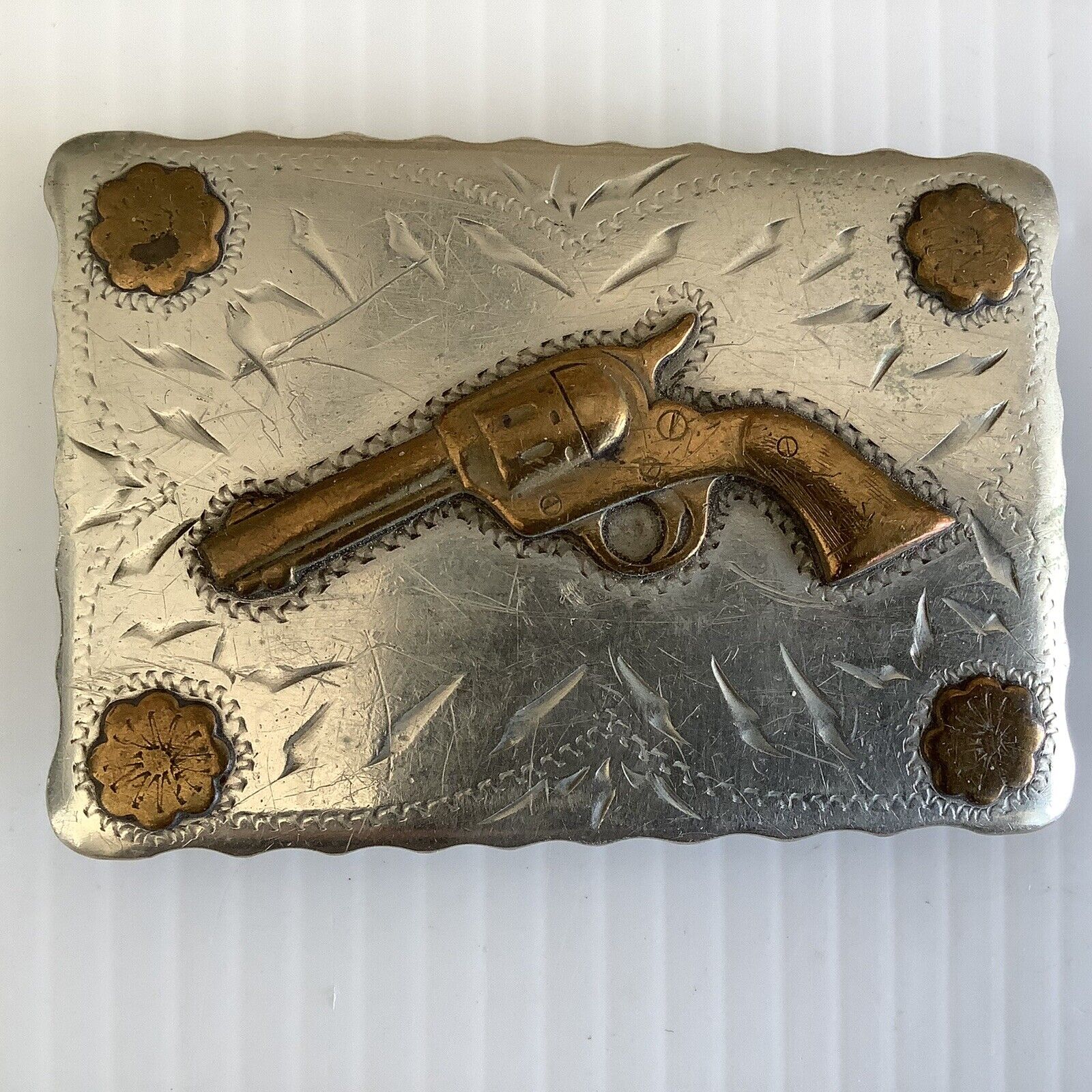 Renalde Belt Buckle Solid Nickel Silver Cowboy Revolver Denver Co
