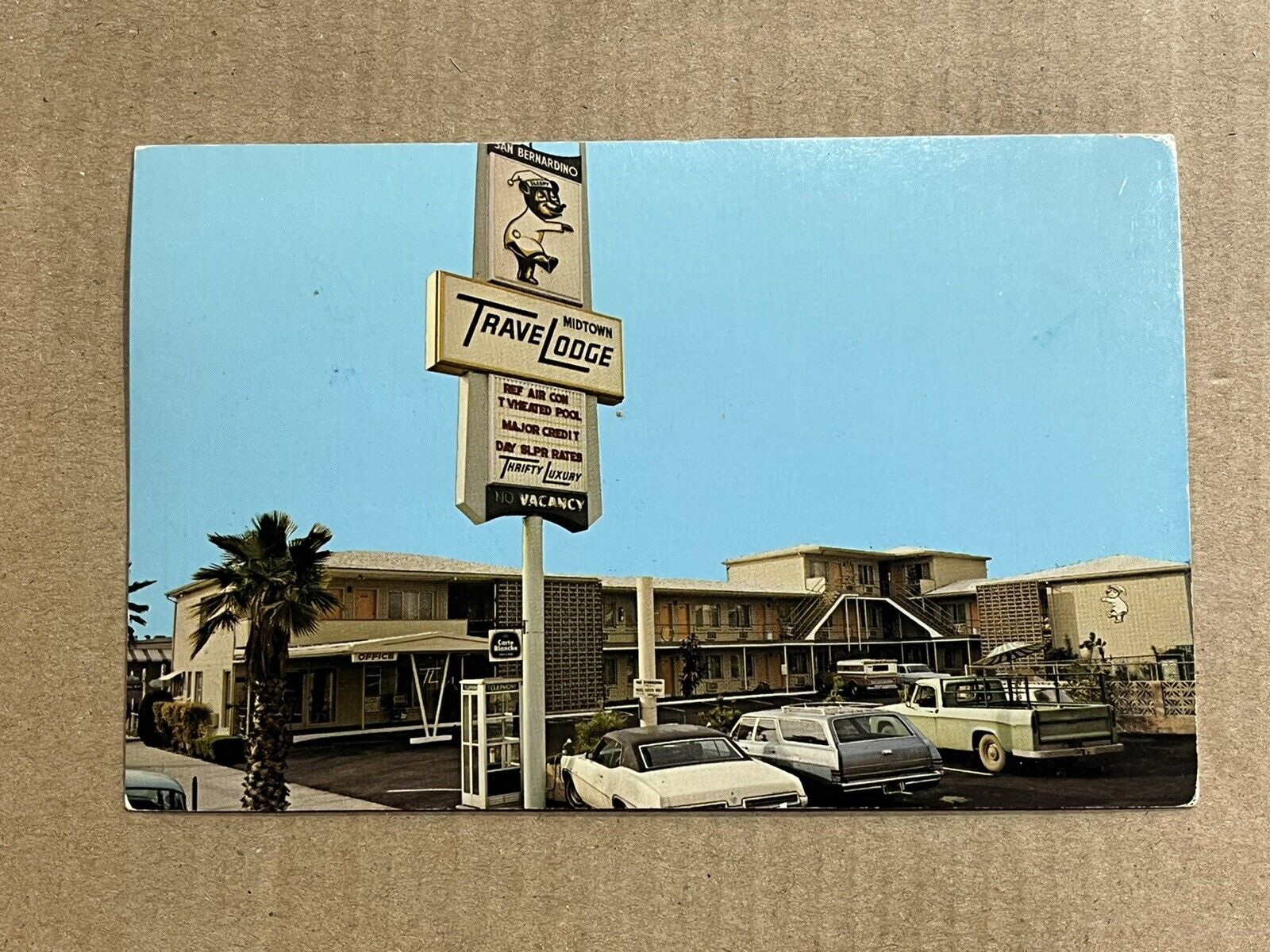 Postcard San Bernardino CA TraveLodge Motel Sleepwalking Bear Graphic Old Cars