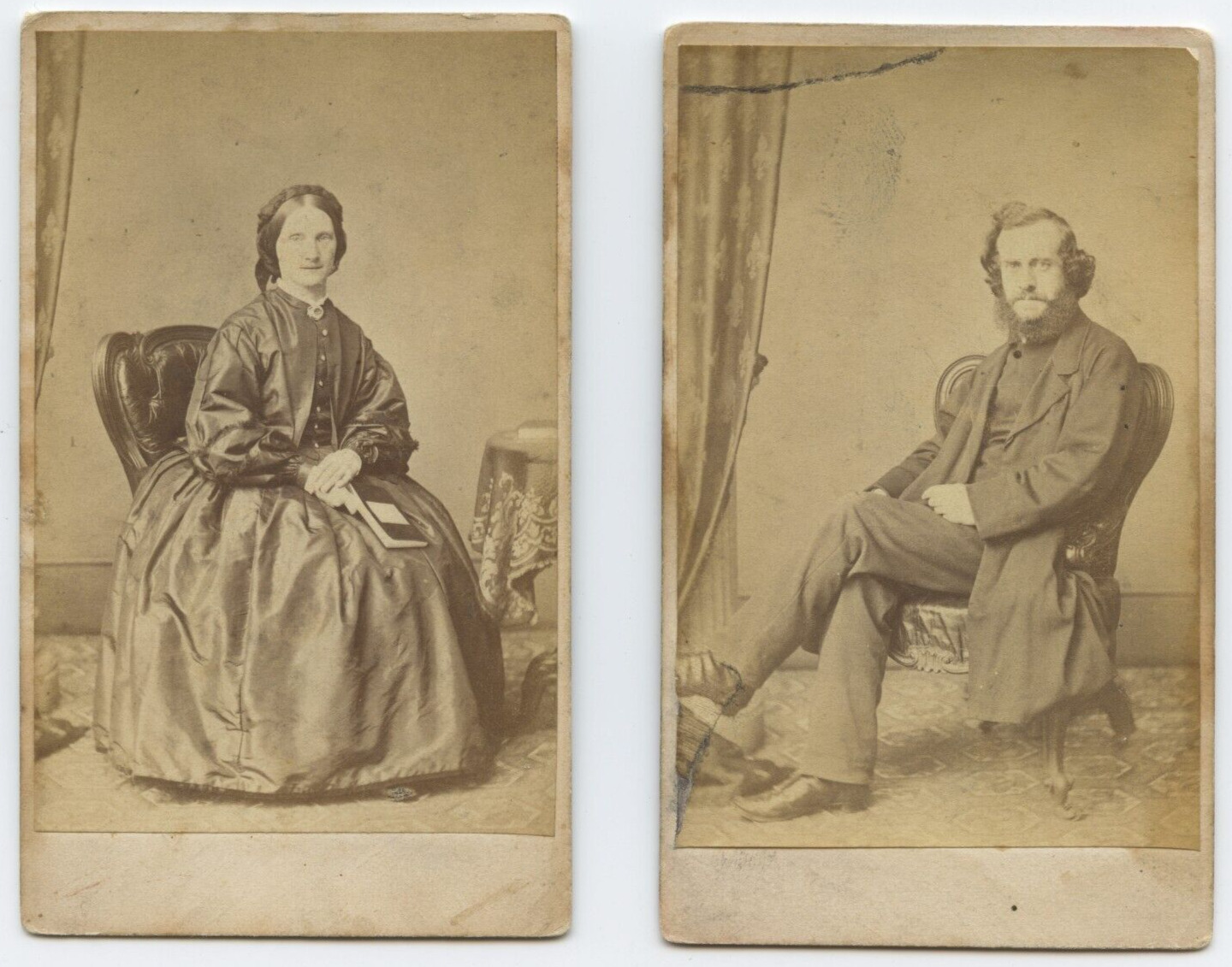 Two Antique CDV C. 1860s Portrait of a Woman and a Man in Same Unknown Studio