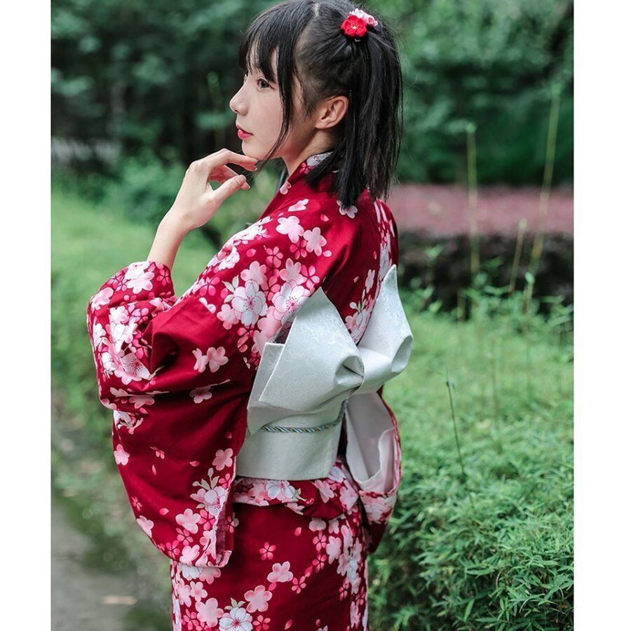 Women\'S Yukata, Kimono, Tailored, Washable, Cherry Blossom Pattern, 9 Piece Set,