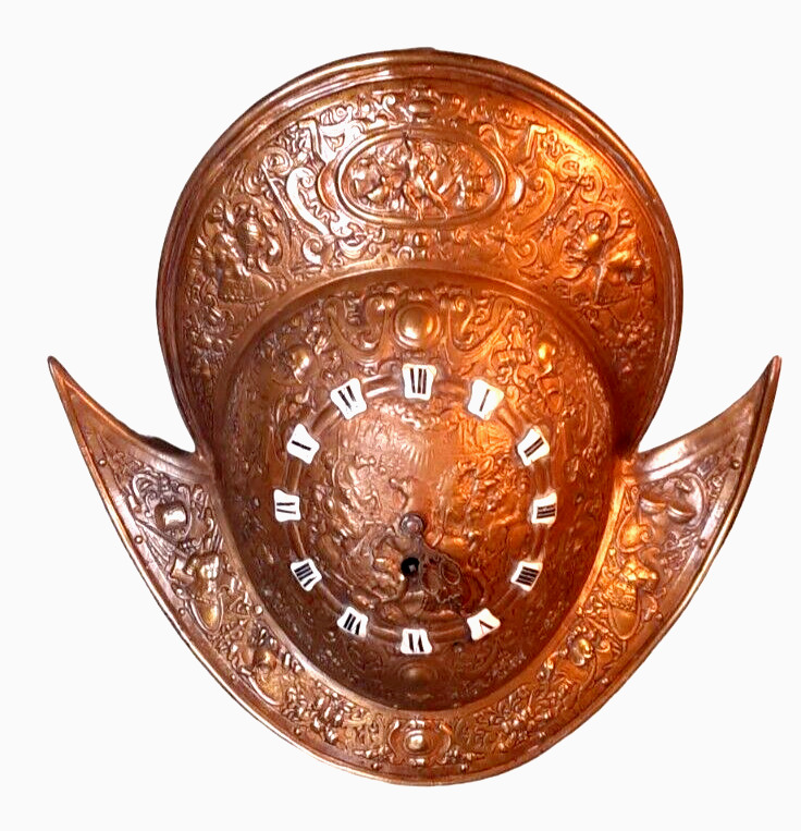 Vintage Bronze Medieval Spanish Wall Clock Conquistador Helmet Roman Numerals