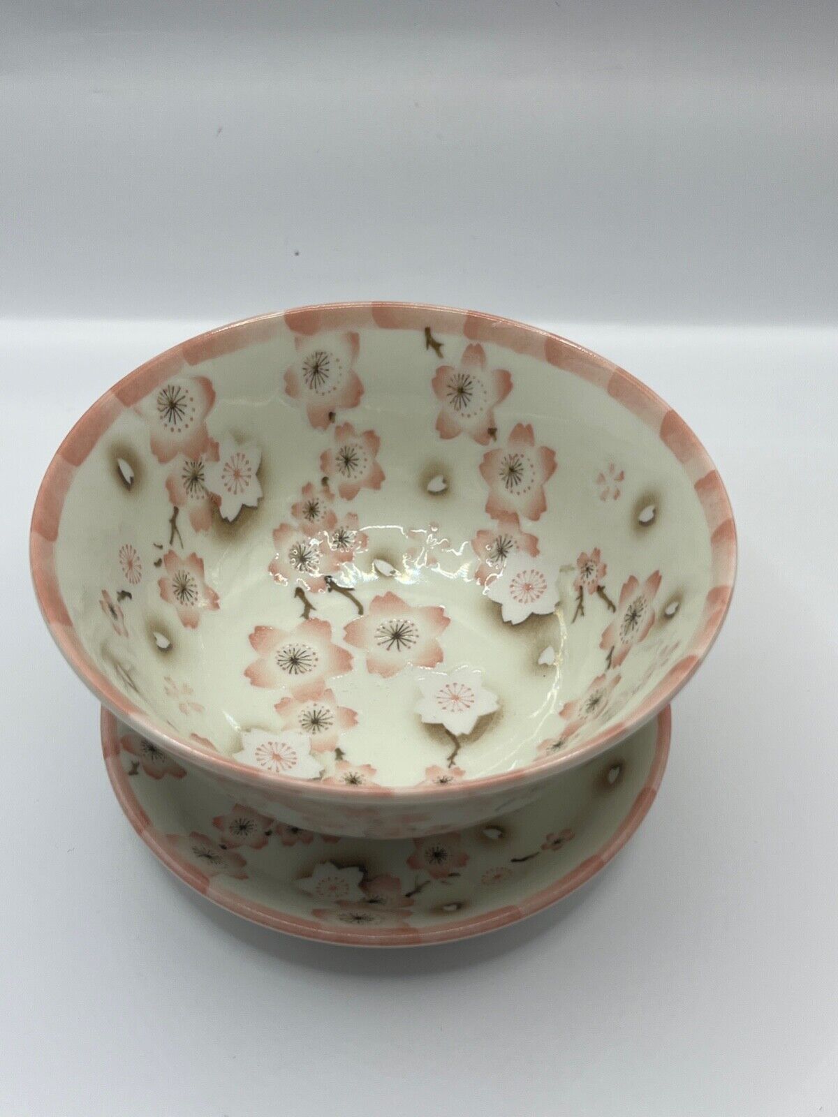 Vintage Kotobuki Bowl and Plate Dish Saucer Set Pink Flowers Japan