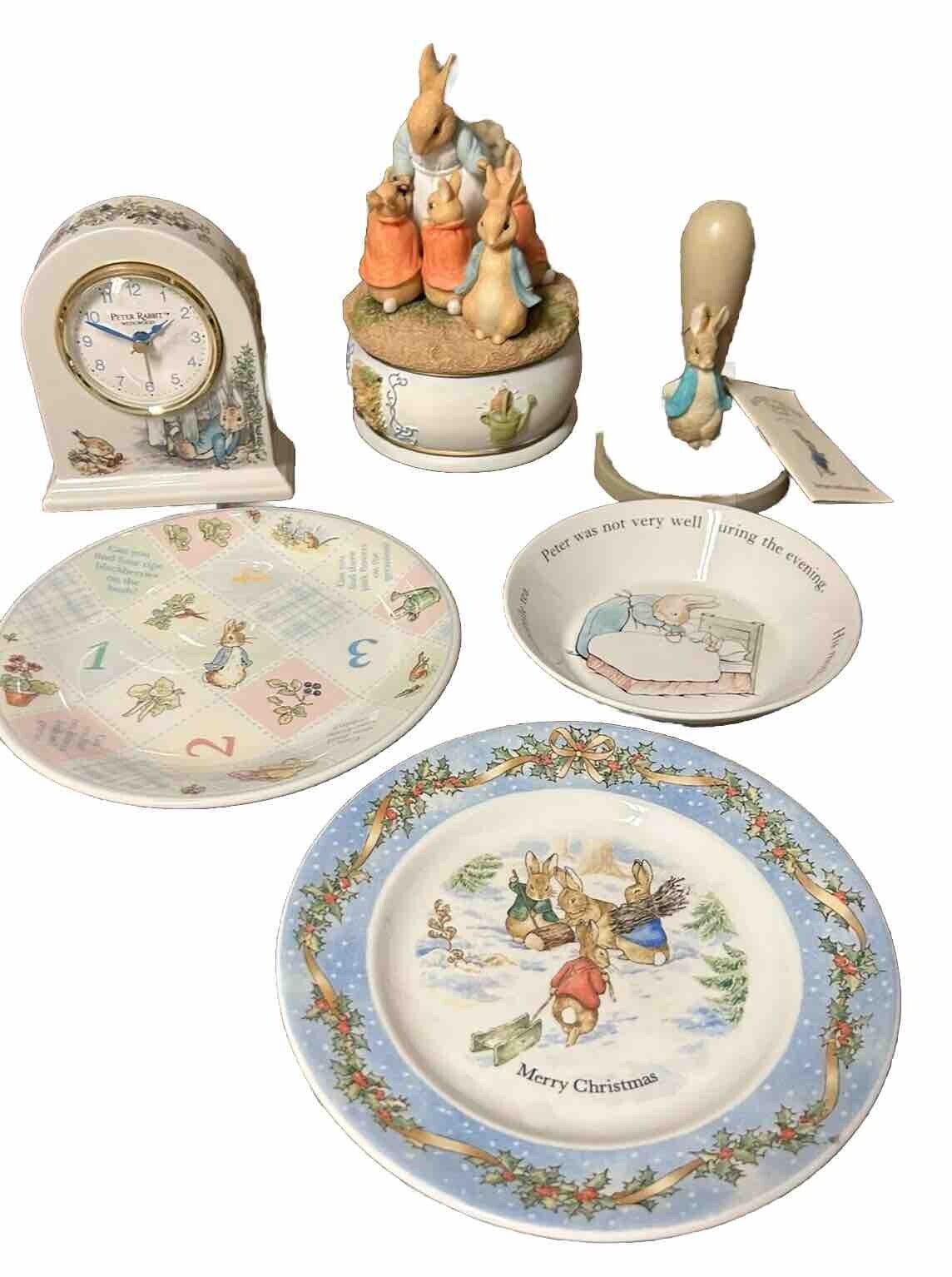 Beatrix Potter Musical Figurine, Wedgwood Clock, Bowl, Plates, Cookie Press