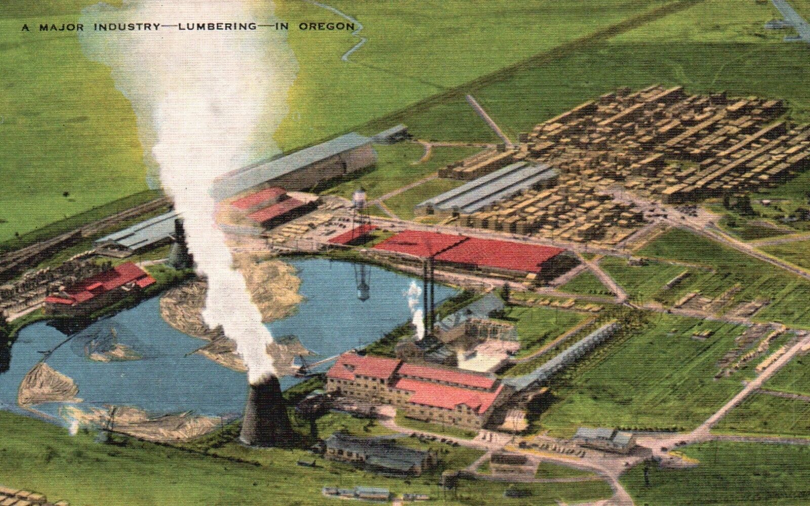 Postcard OR Lumbering A Major Industry in Oregon Unposted Linen Vintage PC G9047