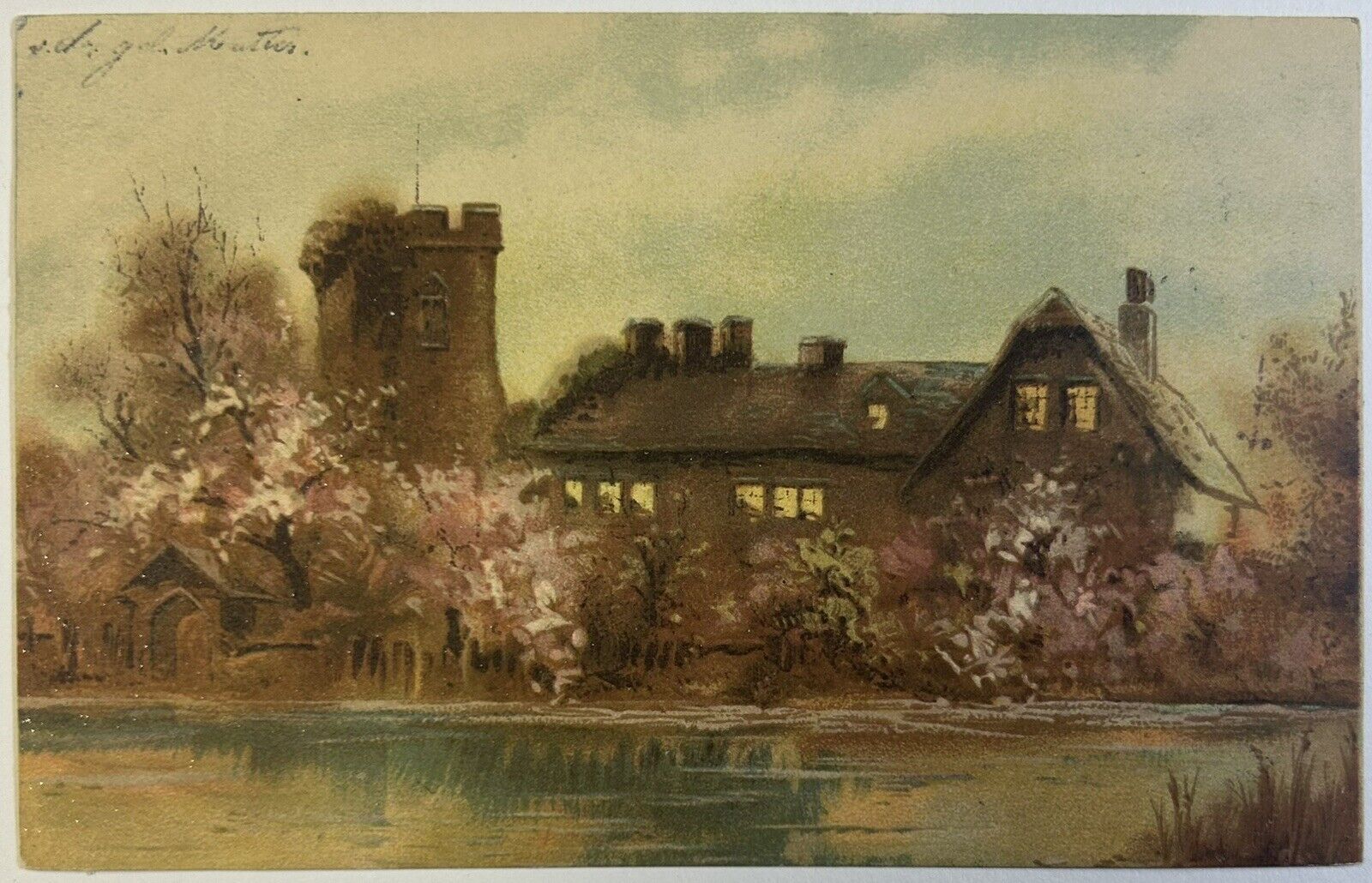 Spring Scenery Antique Chateau On River Postcard, Posted 1905 St. Louis, MO