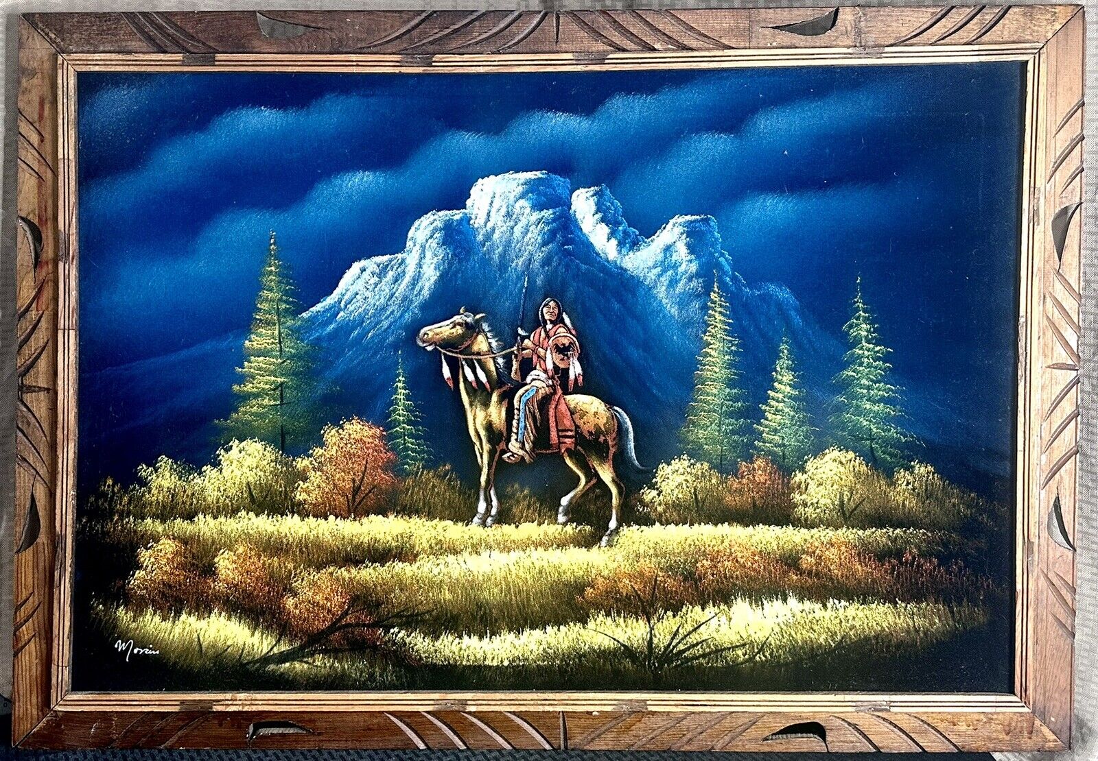 VTG American Indian On Horseback W/Mountain Landscape Black Velvet Signed